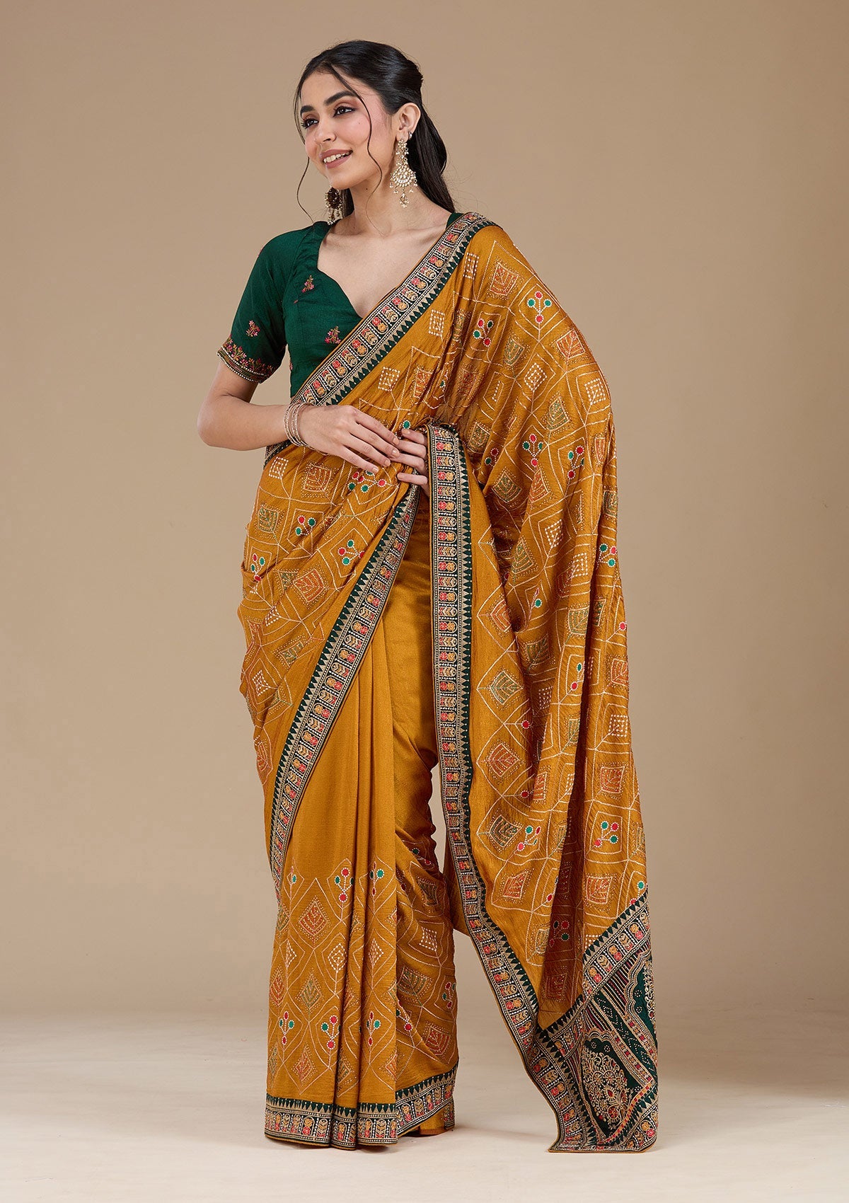 Mustard Threadwork Soft Raw Silk Saree