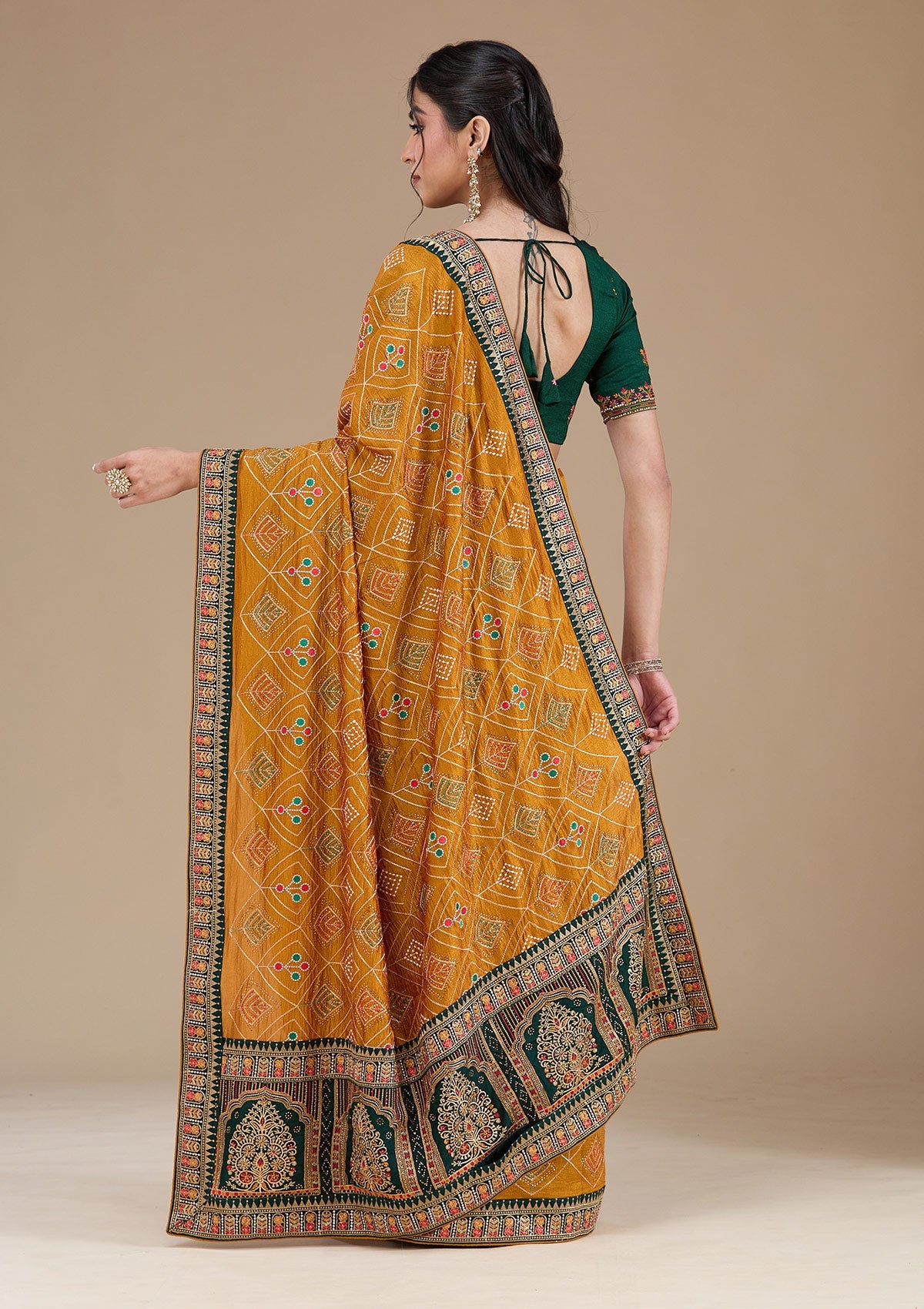 Mustard Threadwork Soft Raw Silk Saree