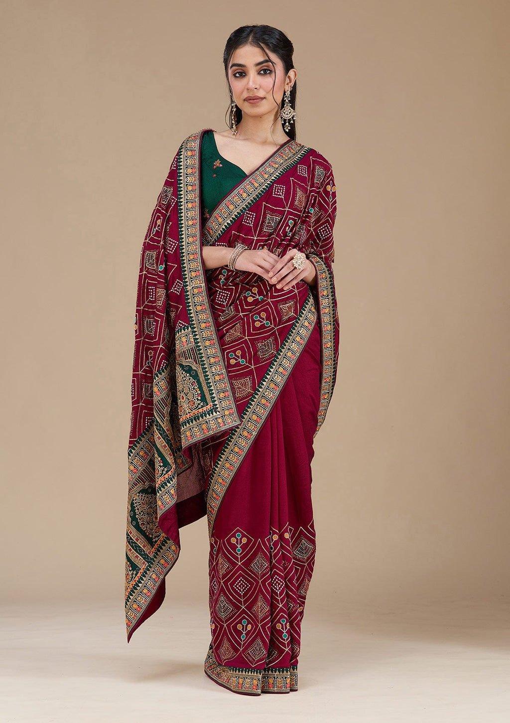 Wine Threadwork Soft Raw Silk Saree