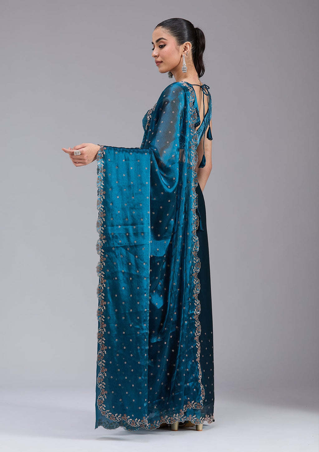 Peacock Blue Stonework (Gold) Tissue Saree