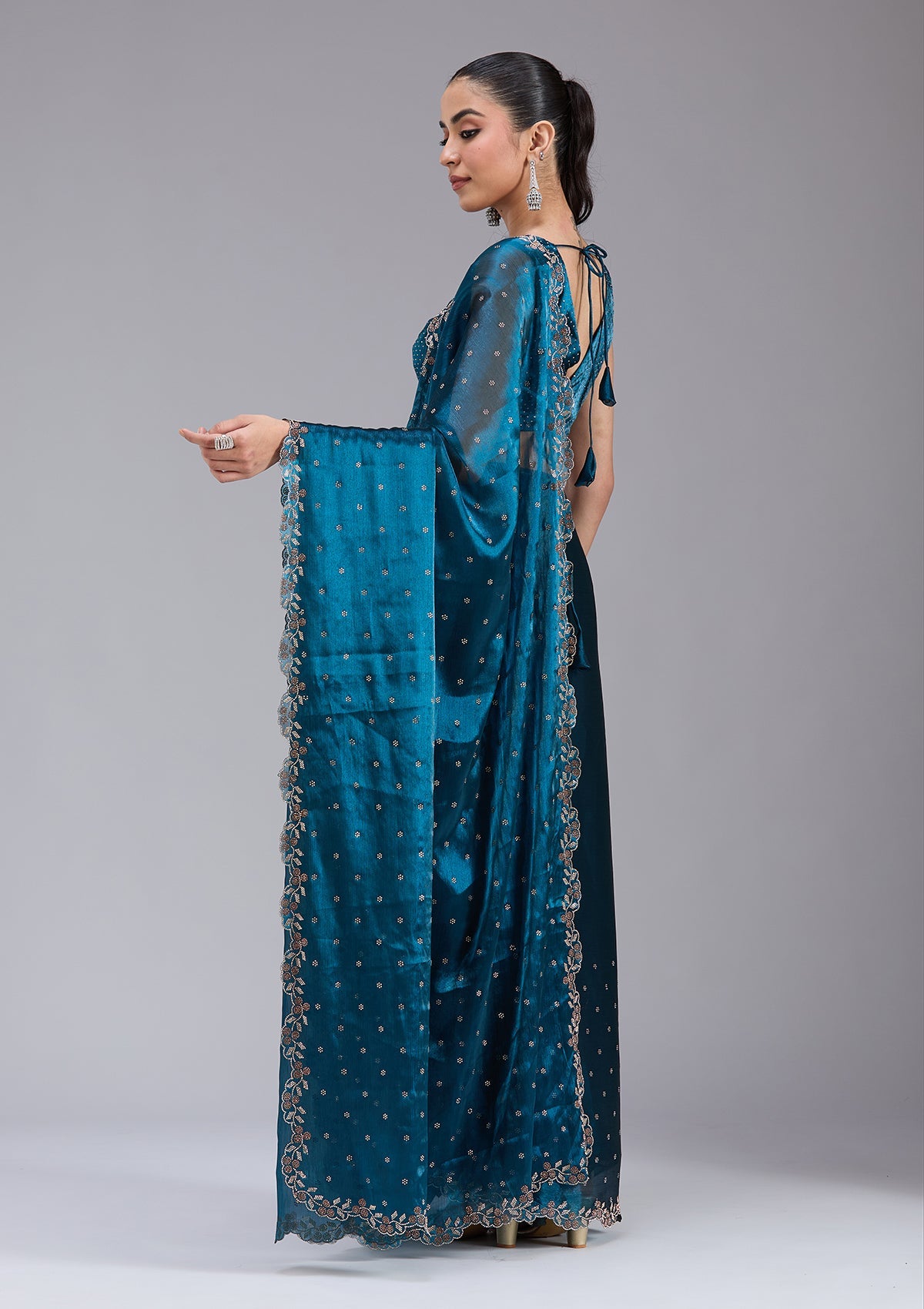 Peacock Blue Stonework (Gold) Tissue Saree