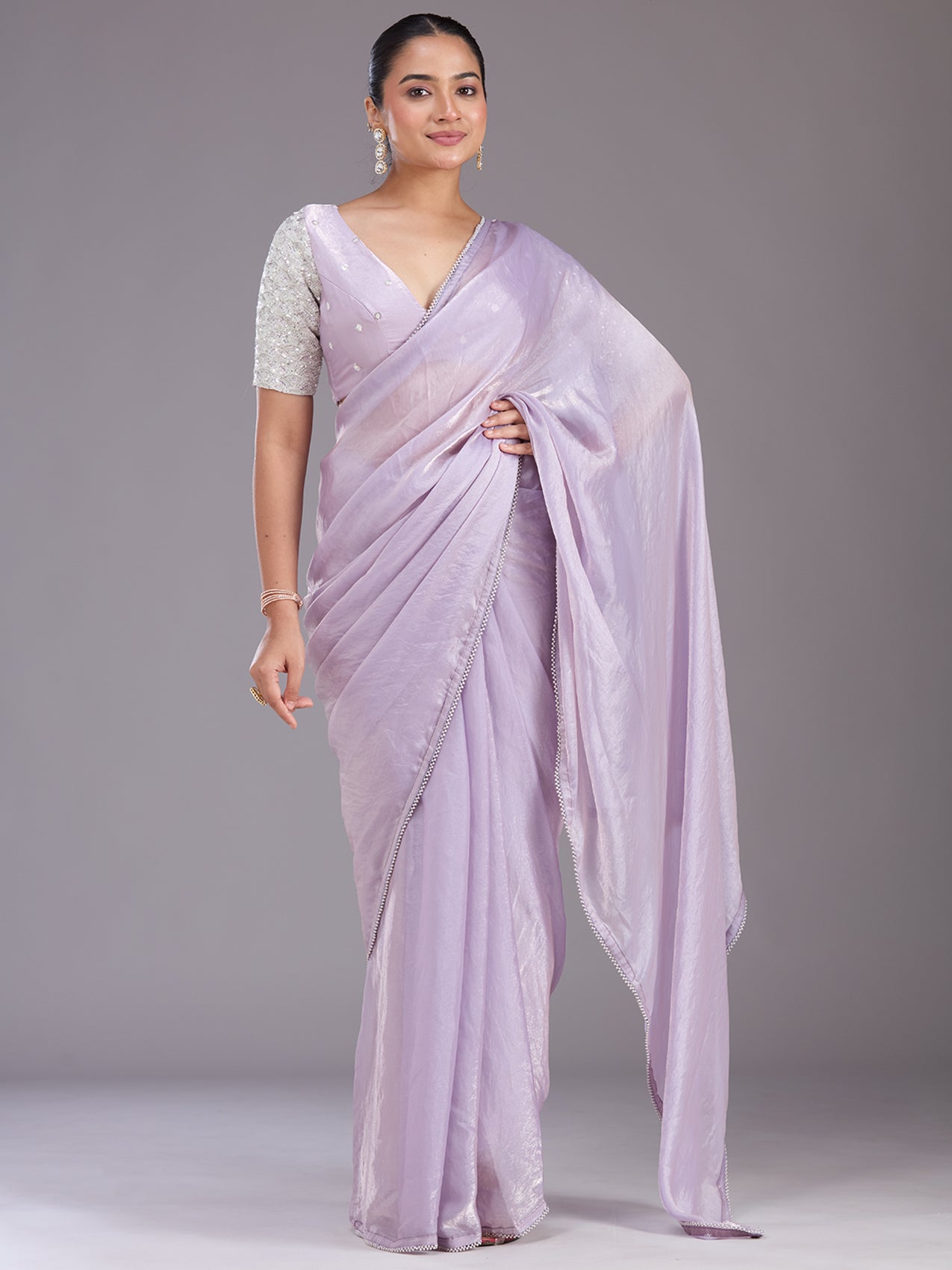 Lavender Pearlwork Tissue Saree