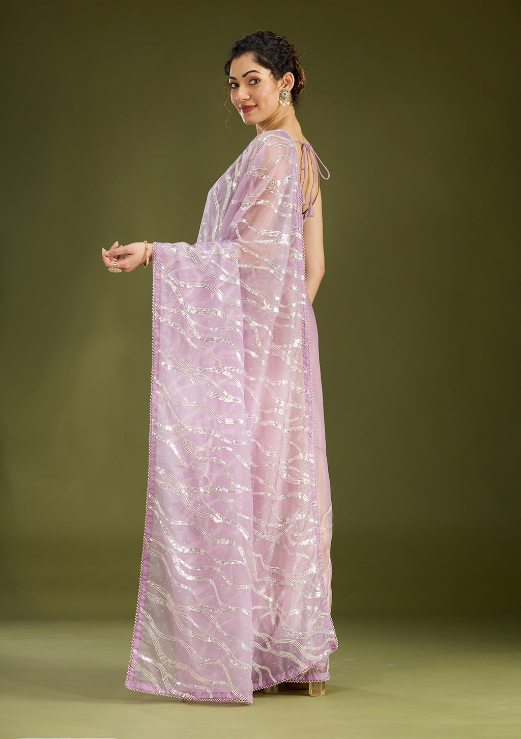 Lavender Pearlwork Organza Saree