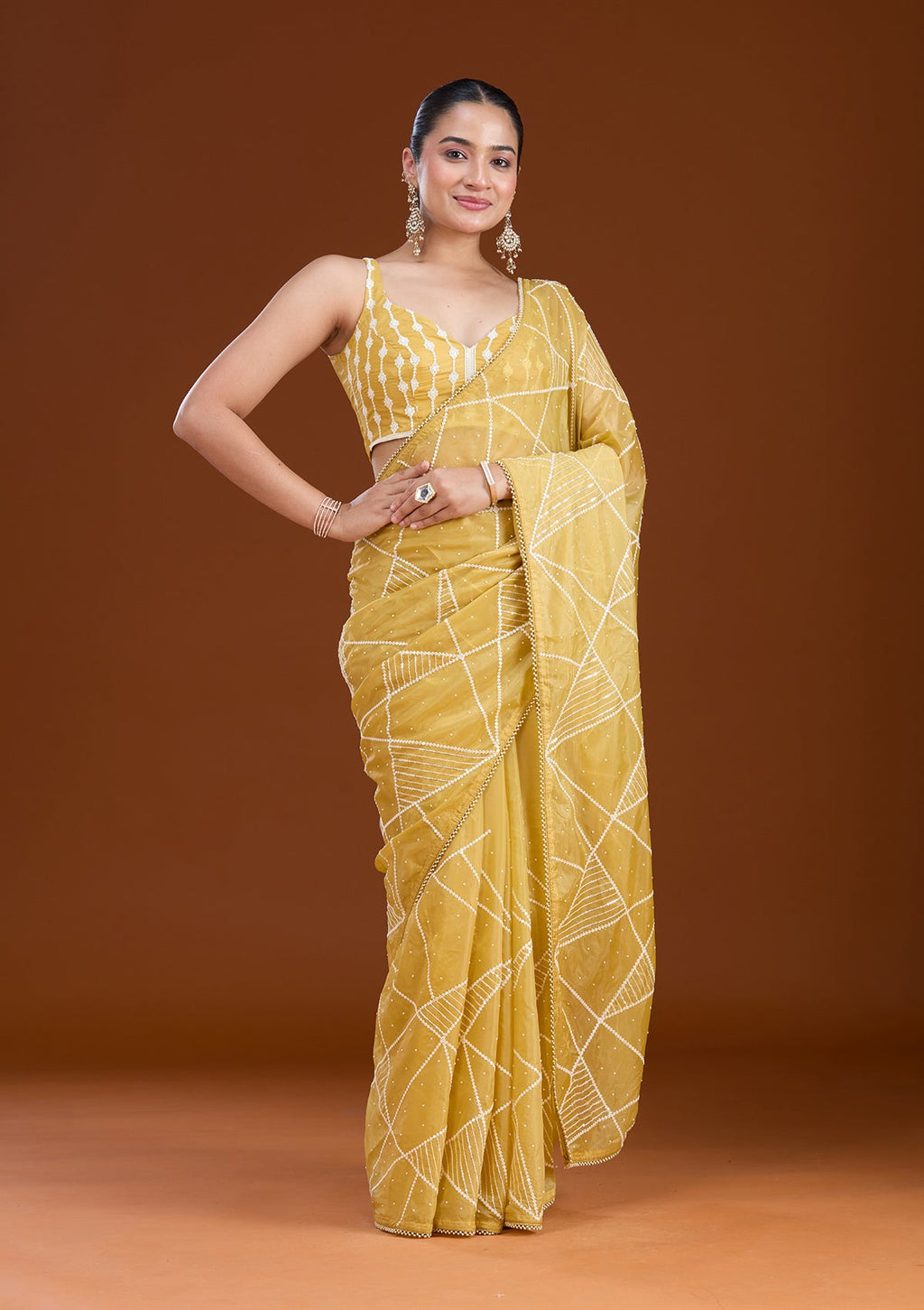 Yellow Pearlwork Tissue Saree