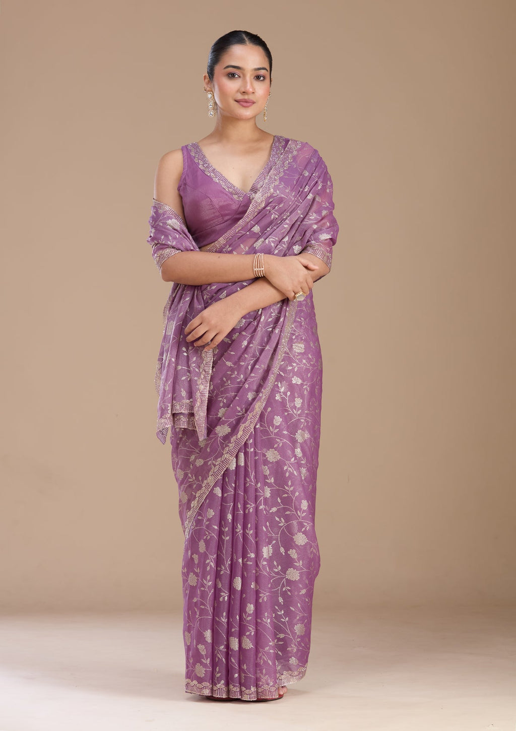 Dark Lavender Badla Tissue Saree
