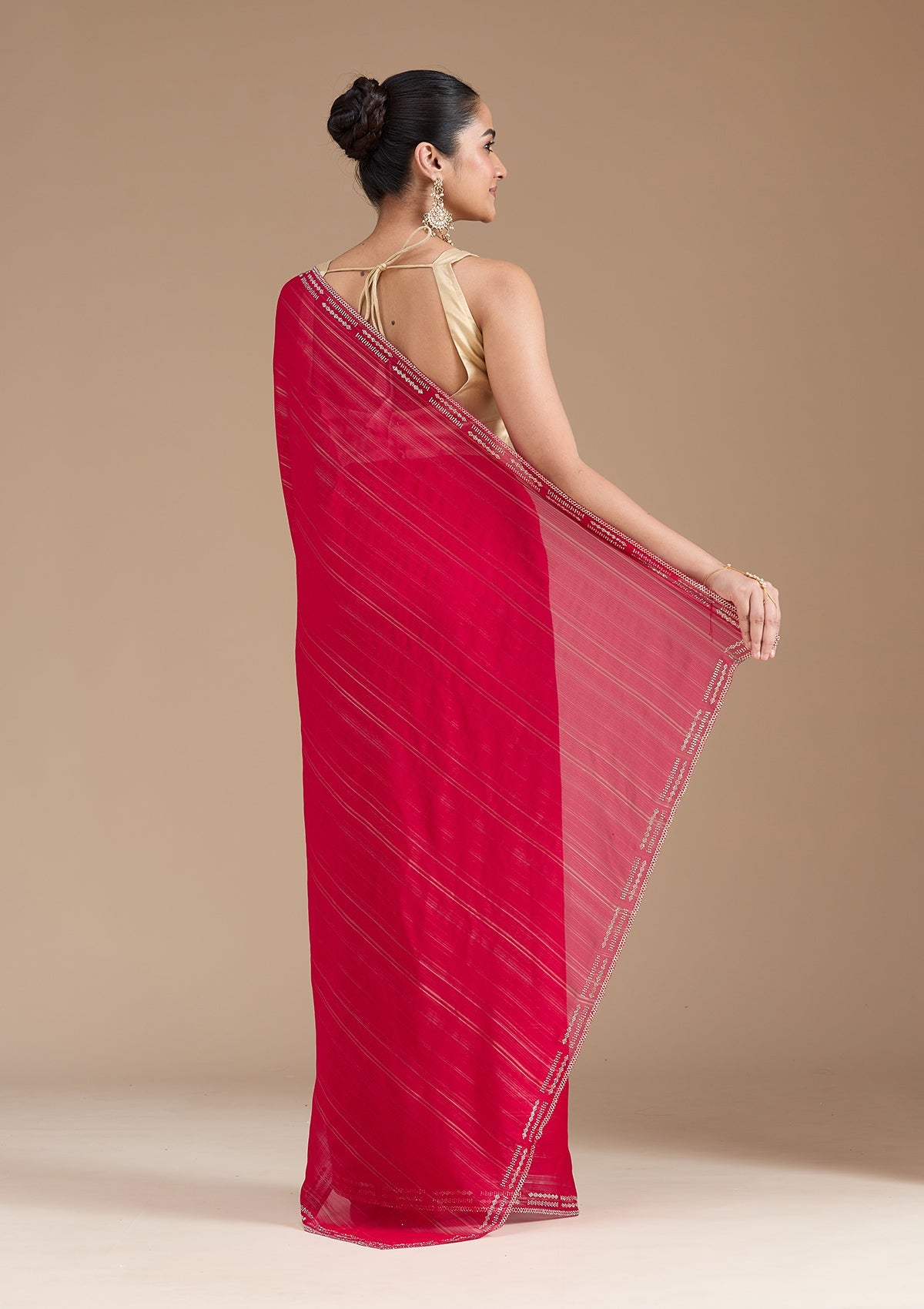 Rani Pink Stonework (Gold) Chiffon Saree