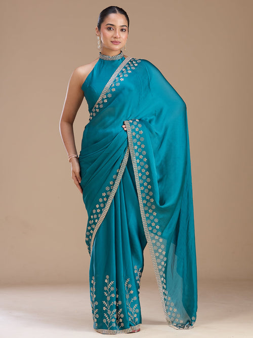 Blue Stonework (Gold) Chiffon Saree