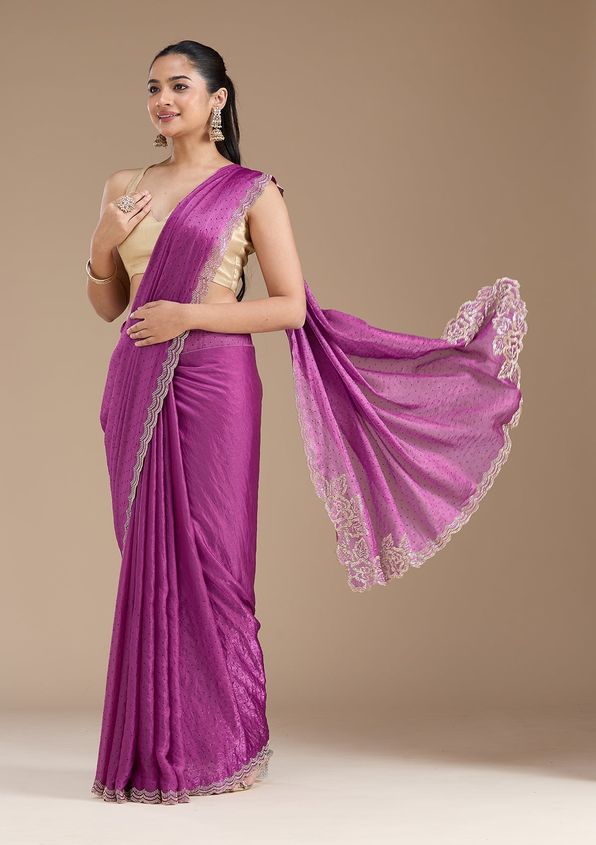 Wine Stonework (Gold) Chiffon Saree