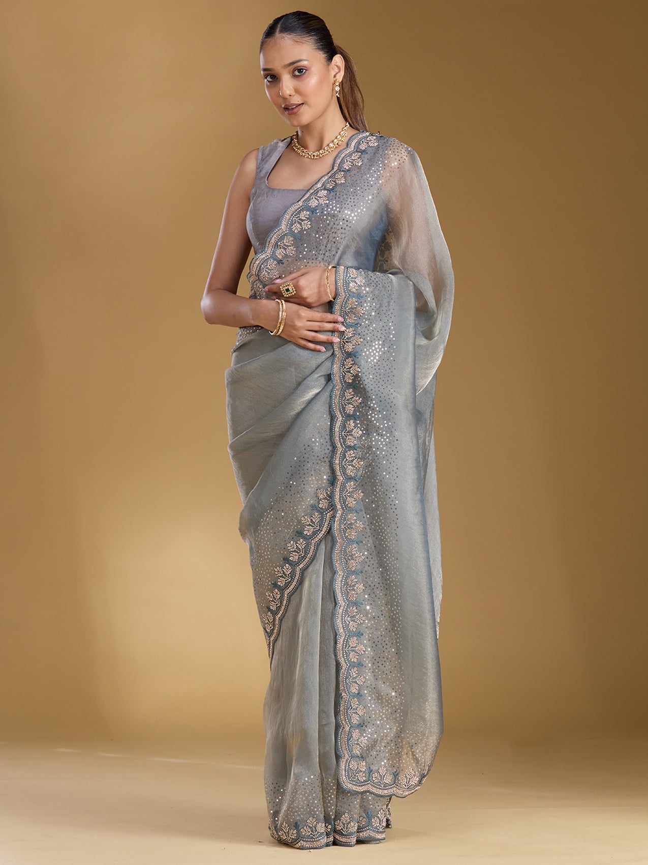 Grey Stonework (Gold) Tissue Saree