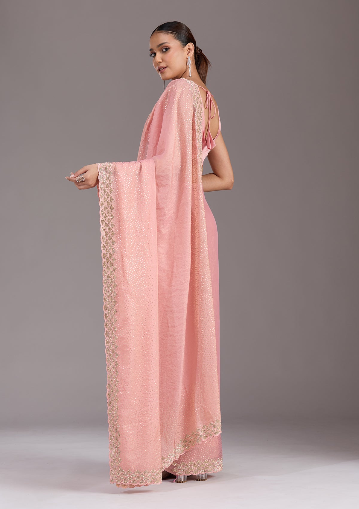 Baby Pink Sequins Tissue Saree
