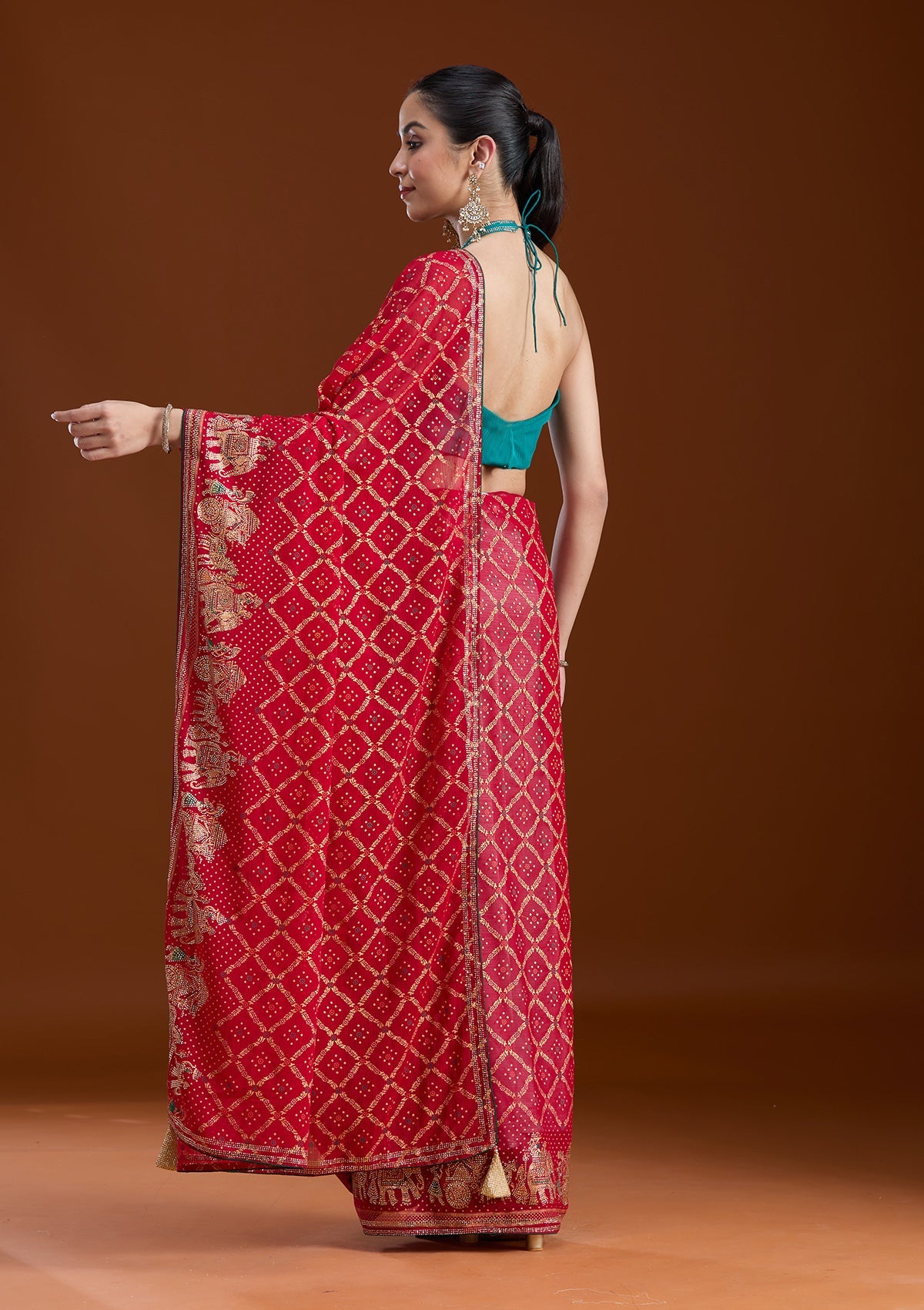Red Stonework (Gold) Georgette Saree