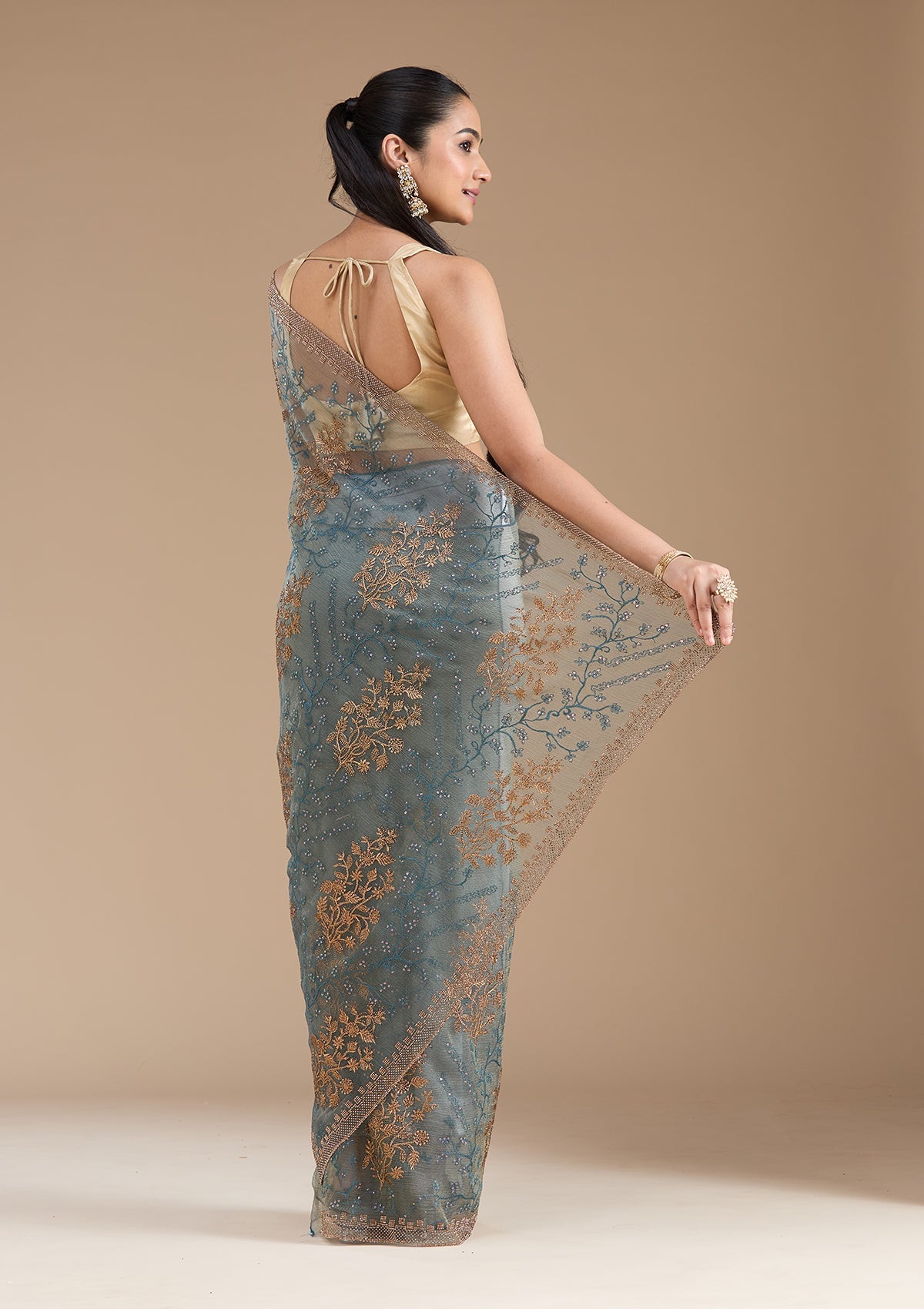 Navy Blue Zariwork (Antique) Tissue Saree