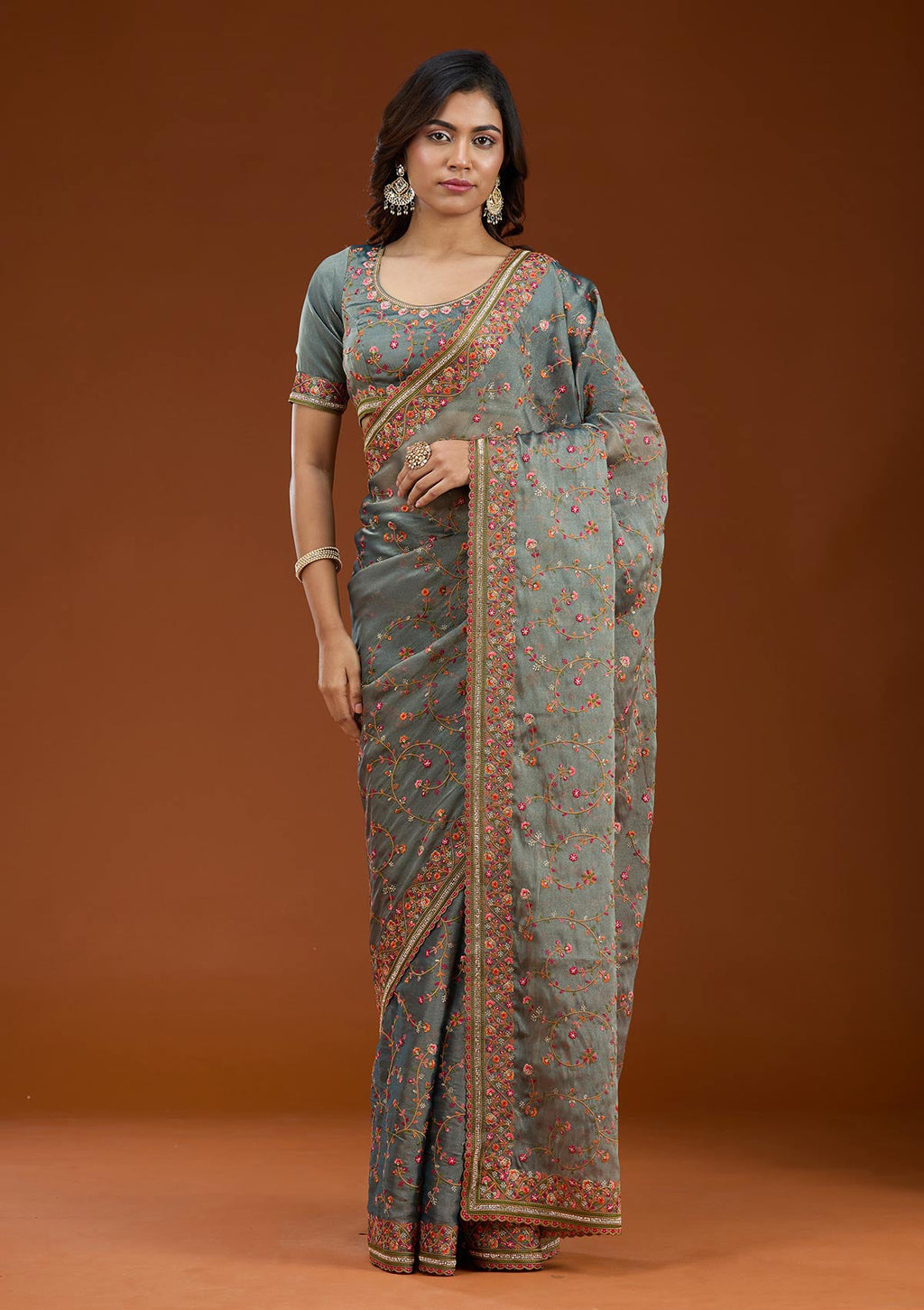 Grey Threadwork Tissue Saree