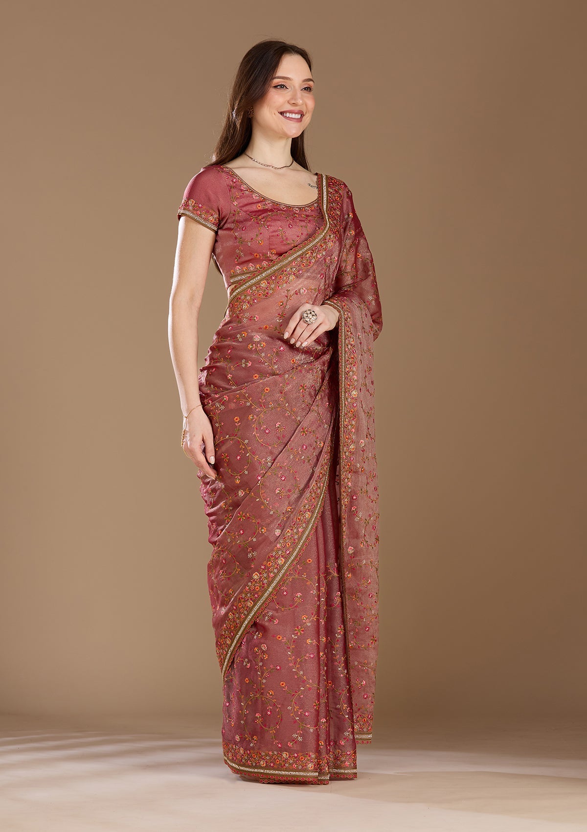 Mauve Threadwork Tissue Saree