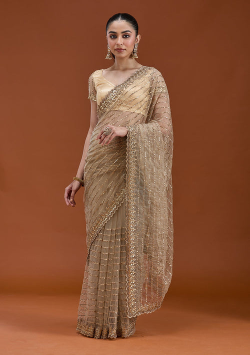 Beige Sequins Net Saree