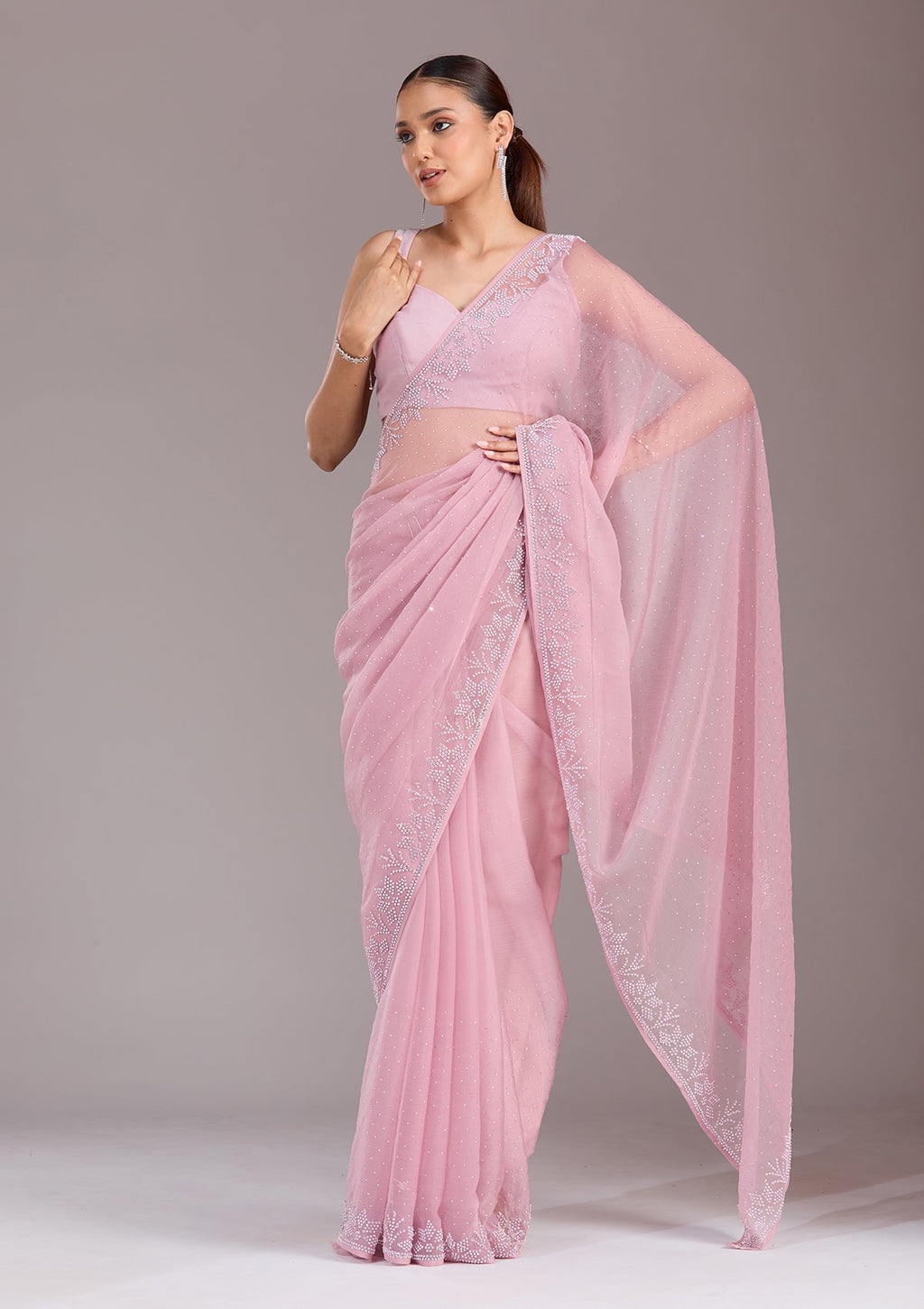 Mauve Stonework (Silver) Chiffon Saree