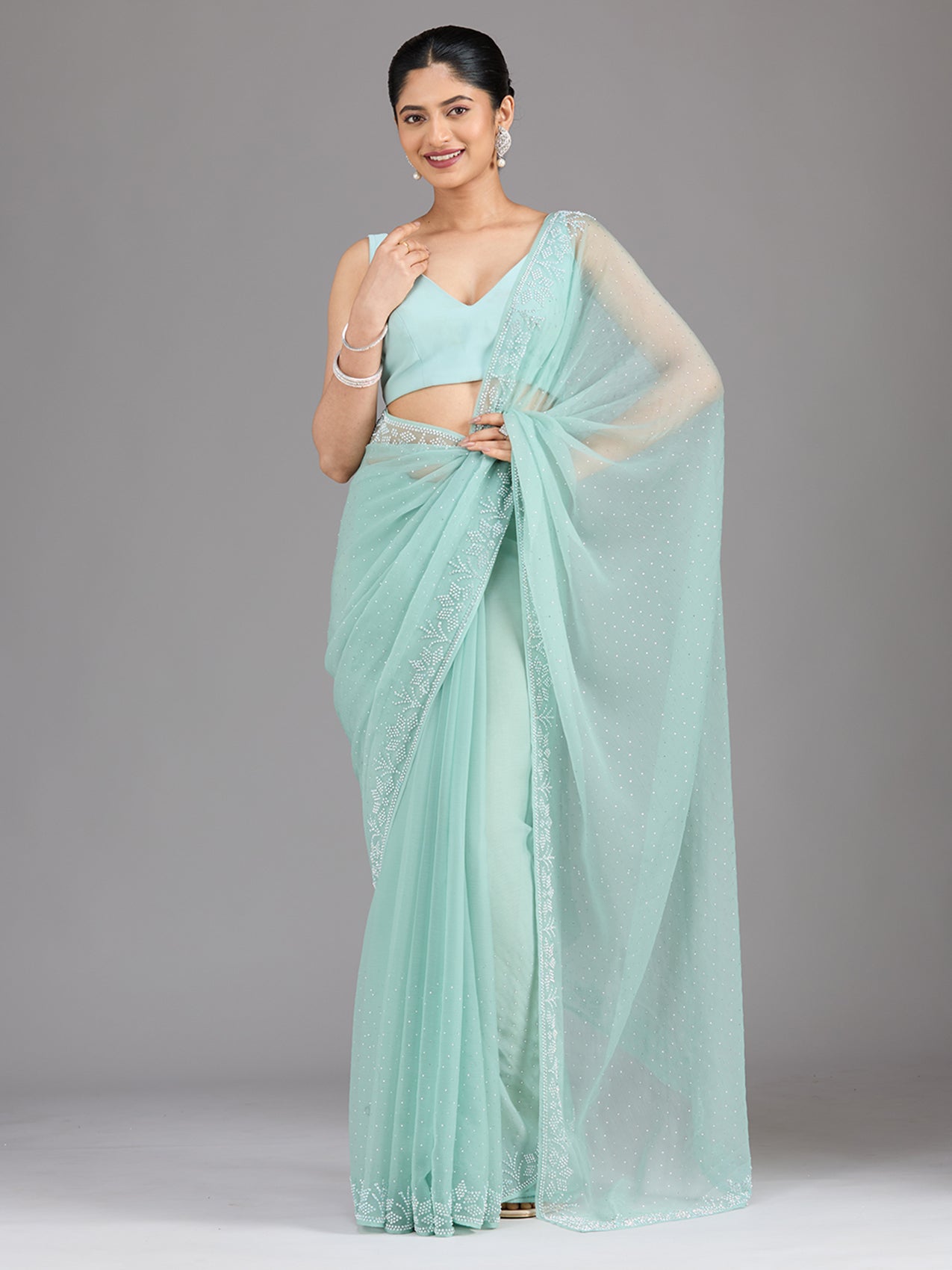 Sea Green Stonework (Silver) Chiffon Saree