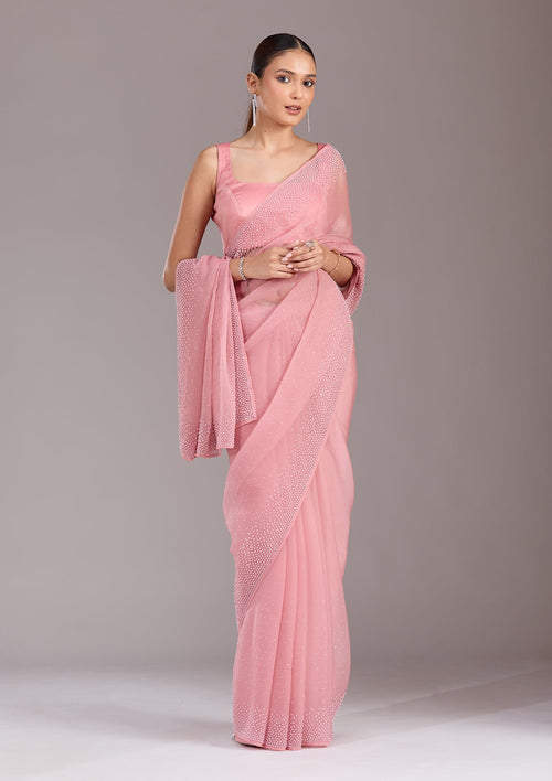Gajari Pink Stonework (Silver) Chiffon Saree