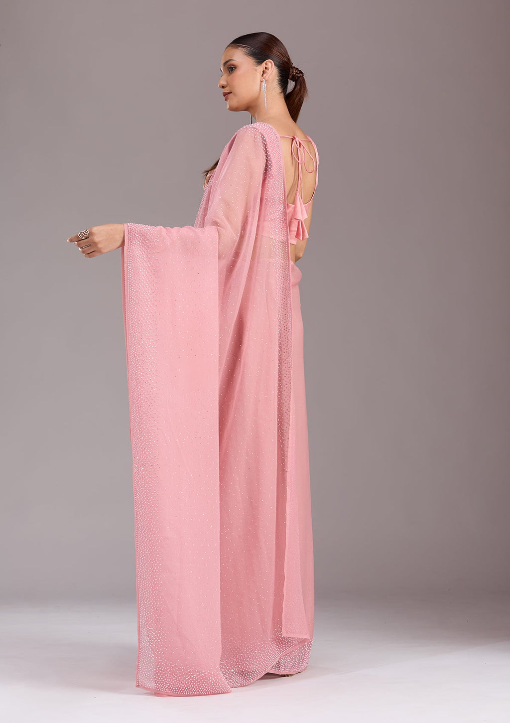 Gajari Pink Stonework (Silver) Chiffon Saree