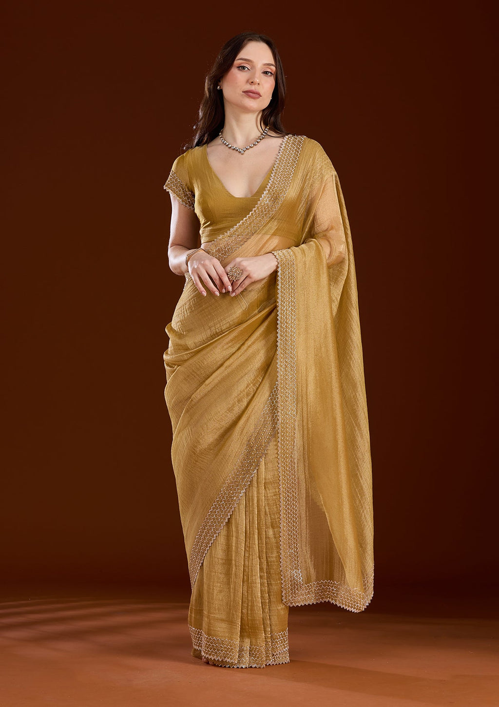 Mustard Stonework (Gold) Organza Saree