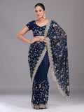 Navy Blue Zariwork (Gold) Georgette Saree