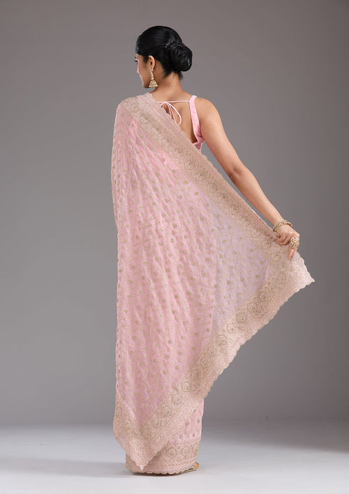 Baby Pink Zariwork (Gold) Georgette Saree