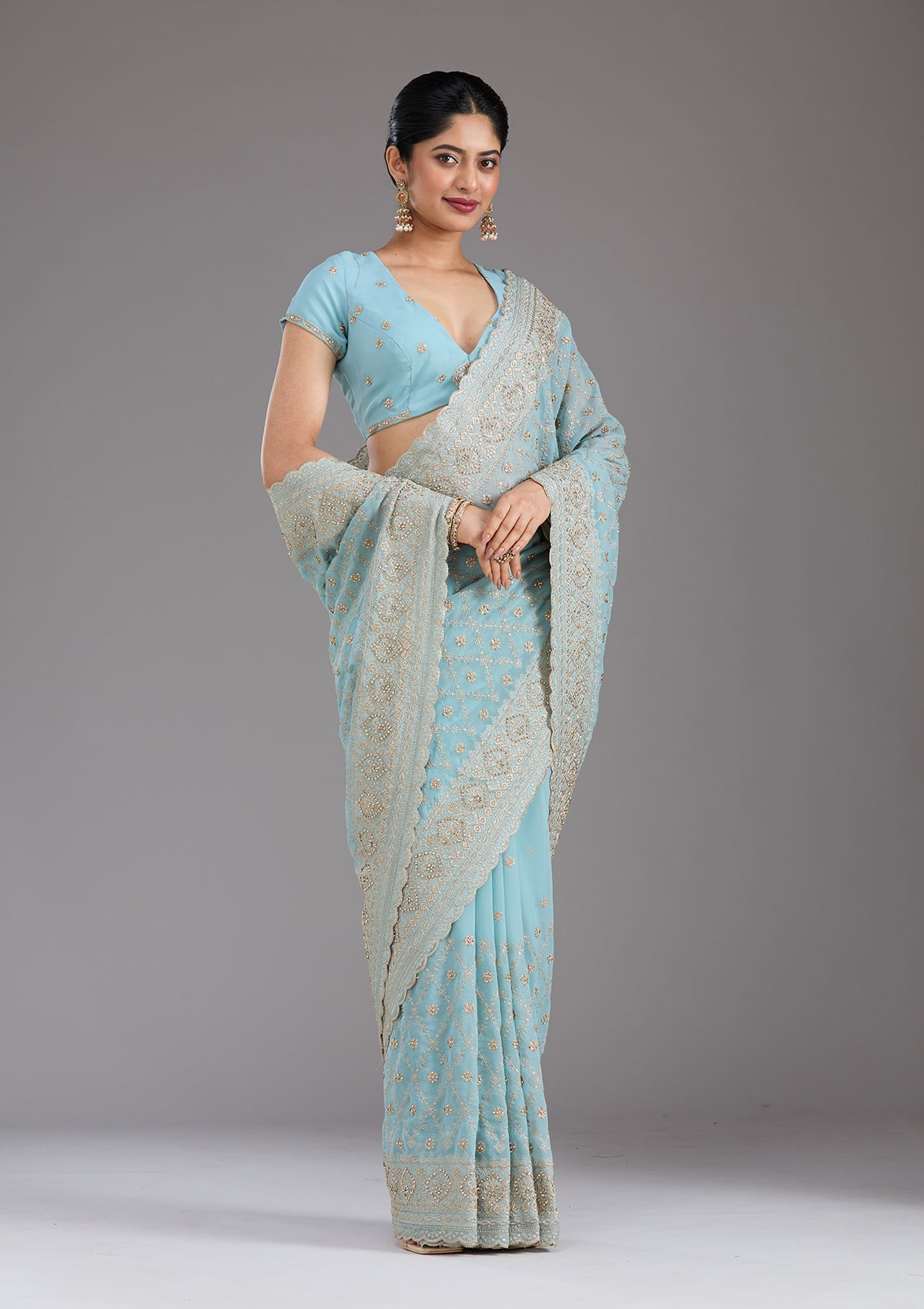 Sky Blue Zariwork (Gold) Georgette Saree