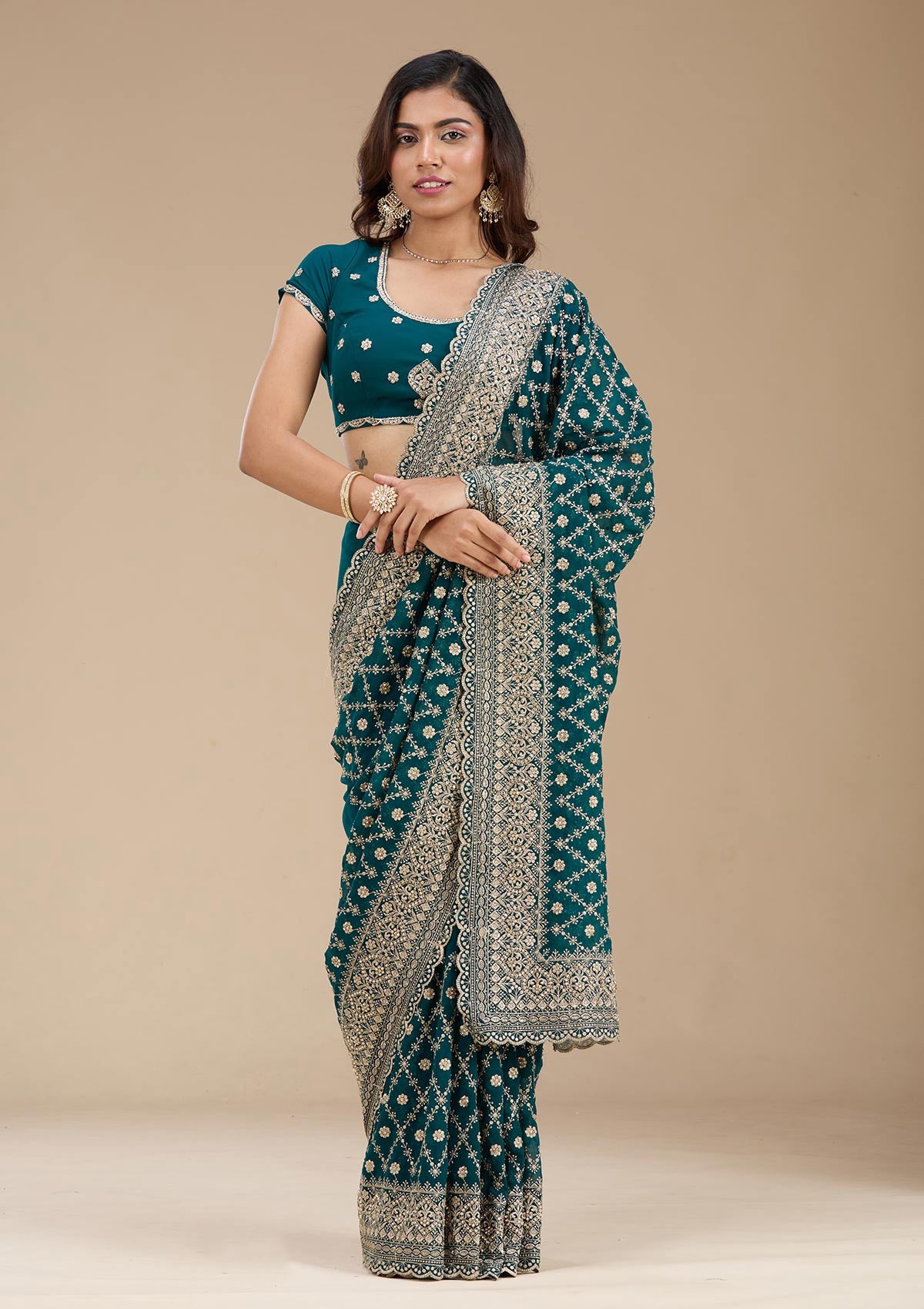 Rama Green Zariwork (Gold) Georgette Saree