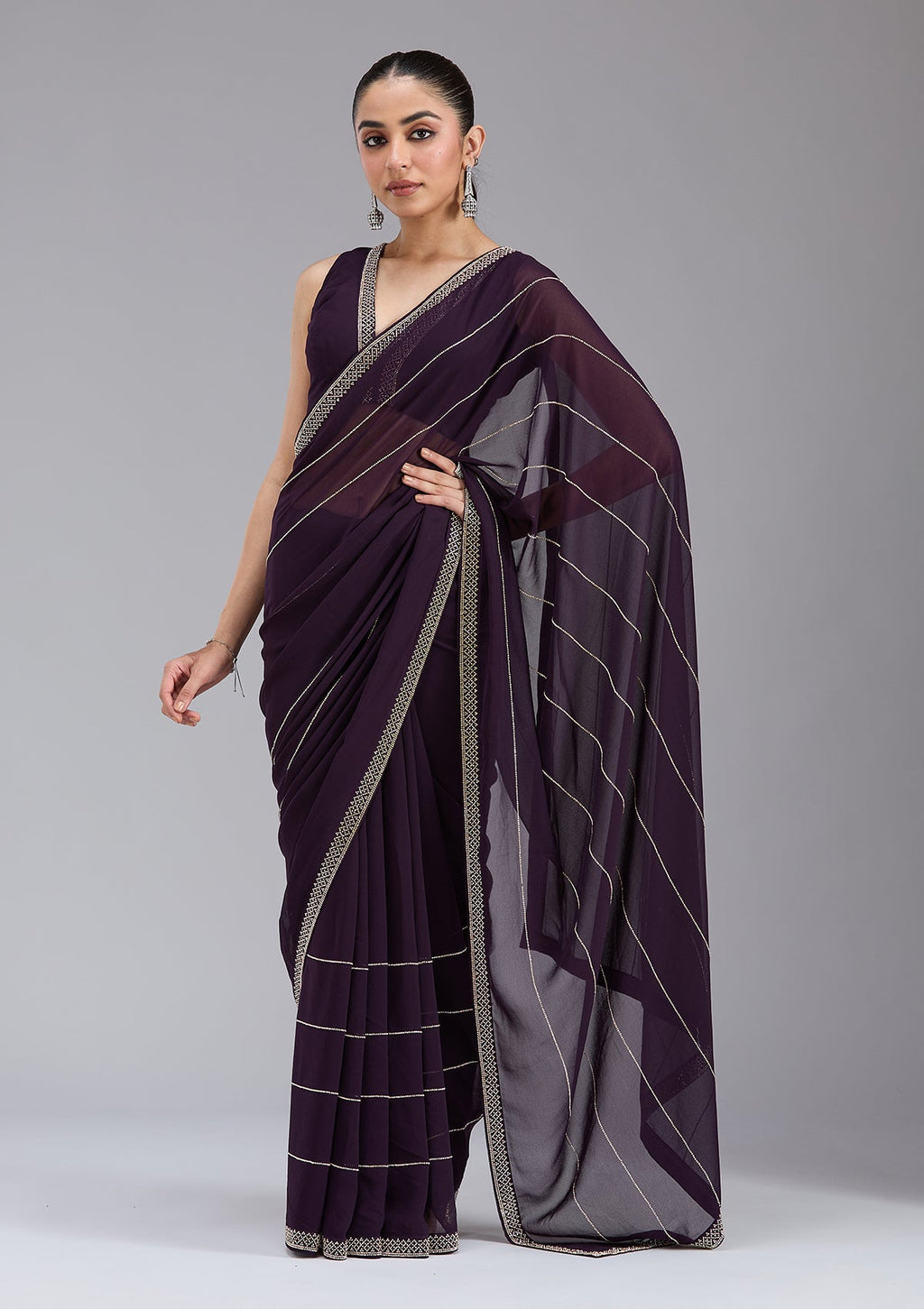 Purple Stonework (Gold) Georgette Saree