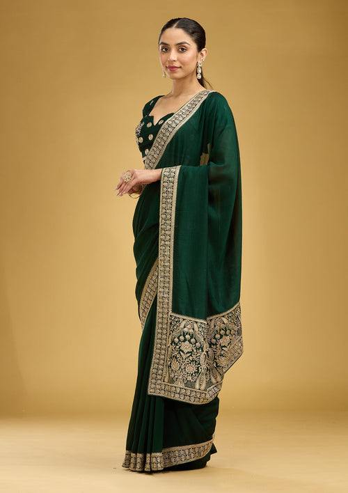 Bottle Green Zariwork (Gold) Soft Raw Silk Saree
