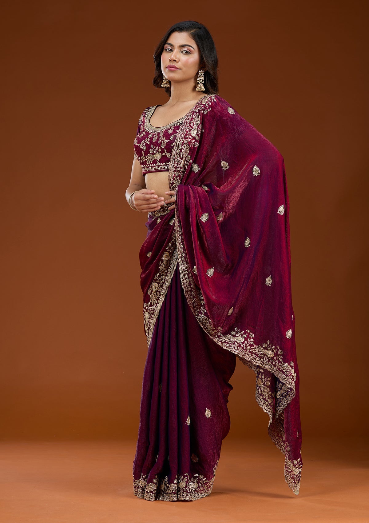 Wine Zariwork (Gold) Tissue Saree