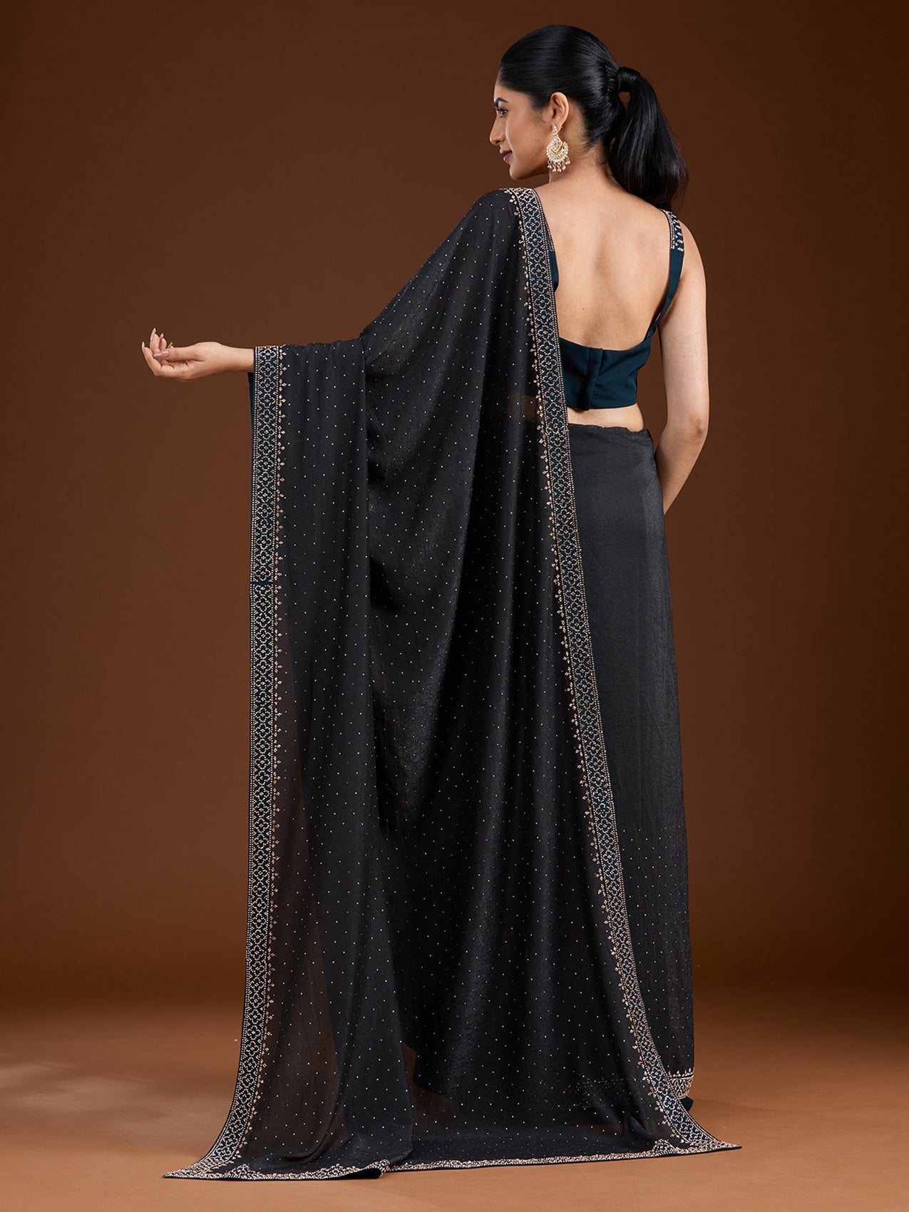 Black Stonework (Silver) Velvet Saree