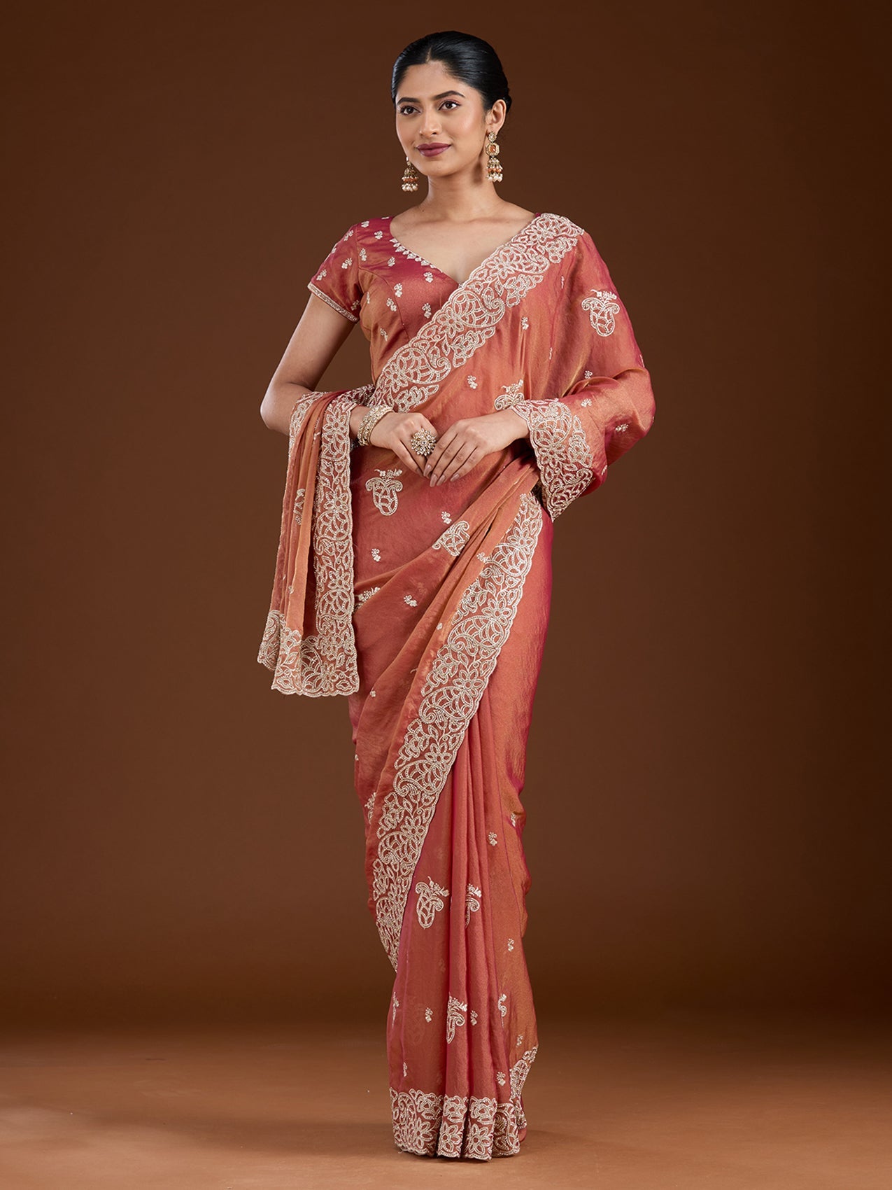 Rust Zariwork (Silver) Tissue Saree