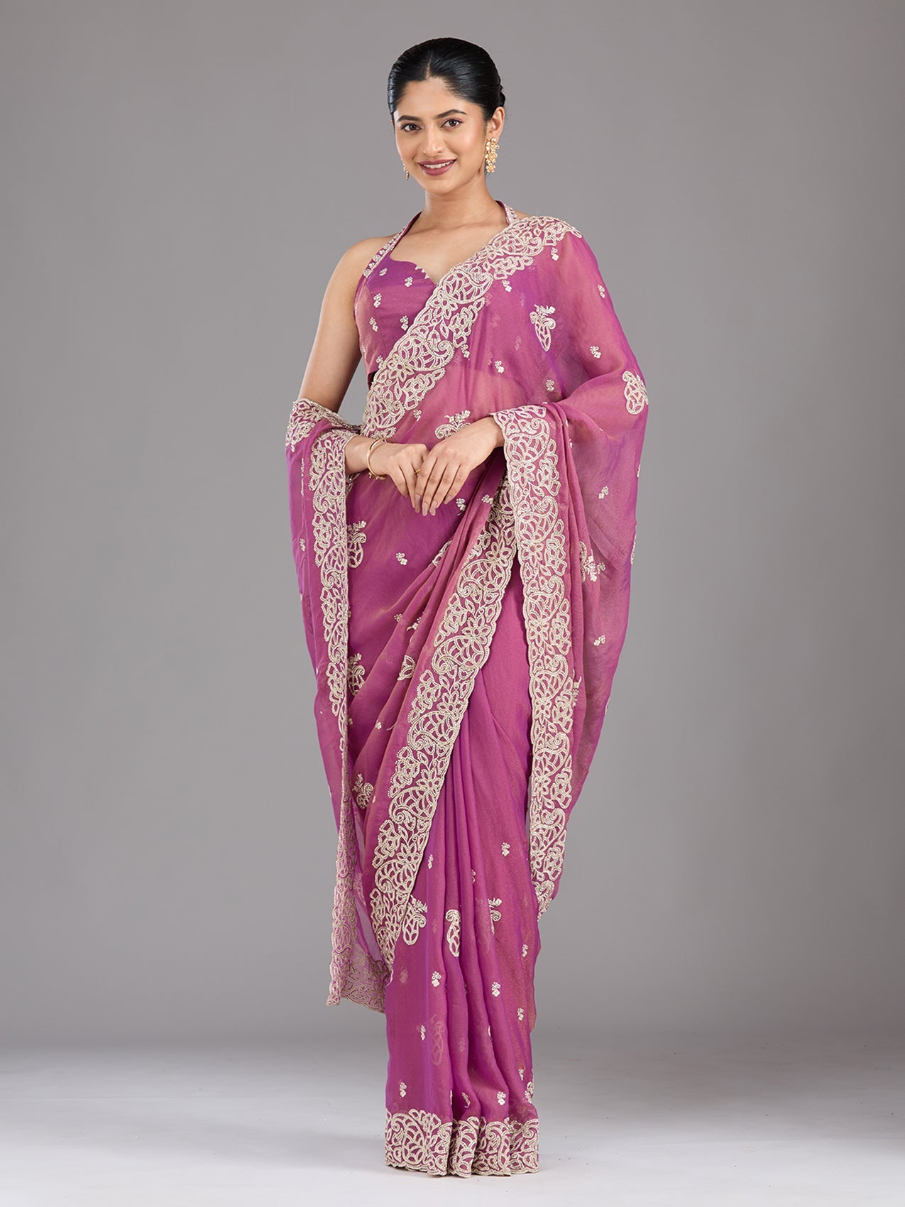 Wine Zariwork (Silver) Tissue Saree