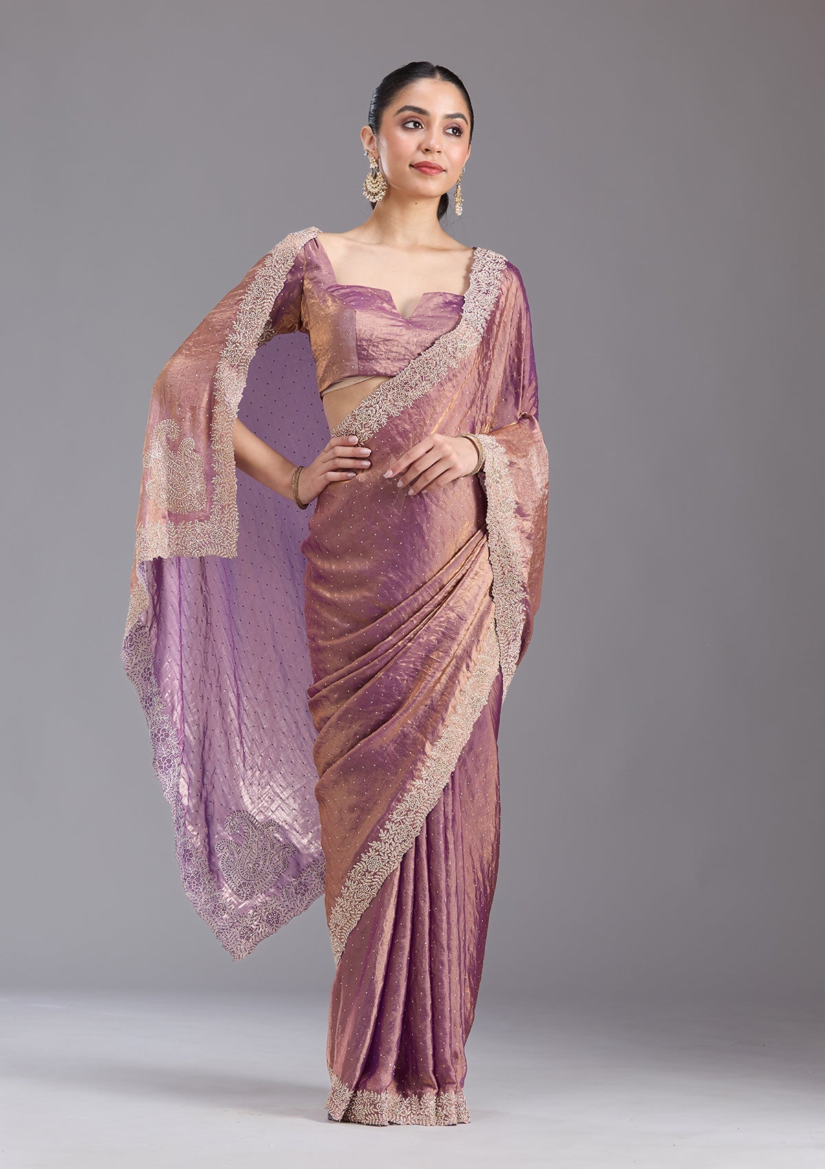 Dark Lavender Stonework (Gold) Tissue Saree