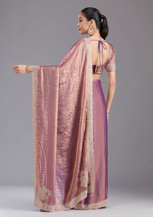 Dark Lavender Stonework (Gold) Tissue Saree