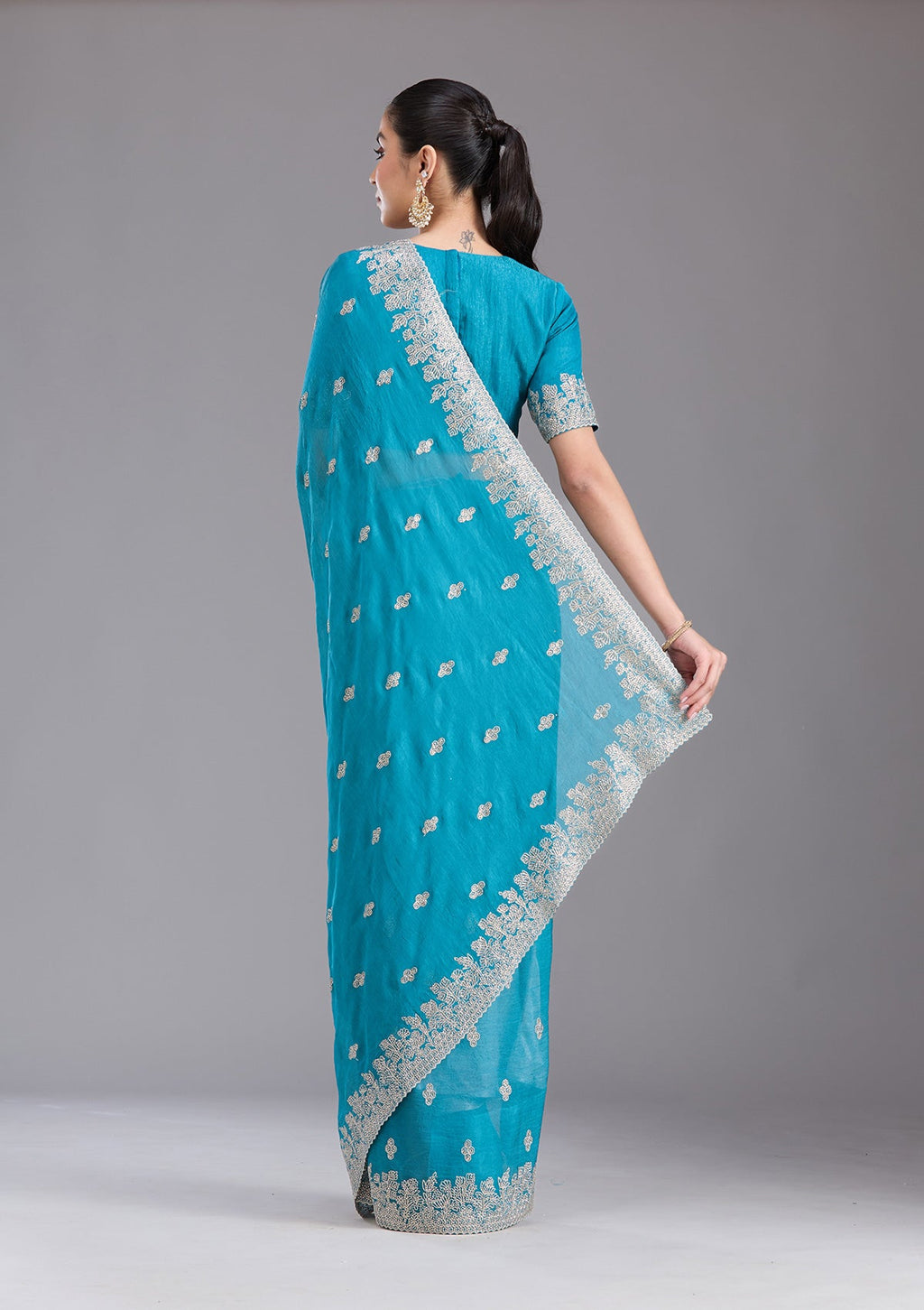 Blue Threadwork Tissue Saree