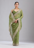 Mehandi Green Threadwork Tissue Saree