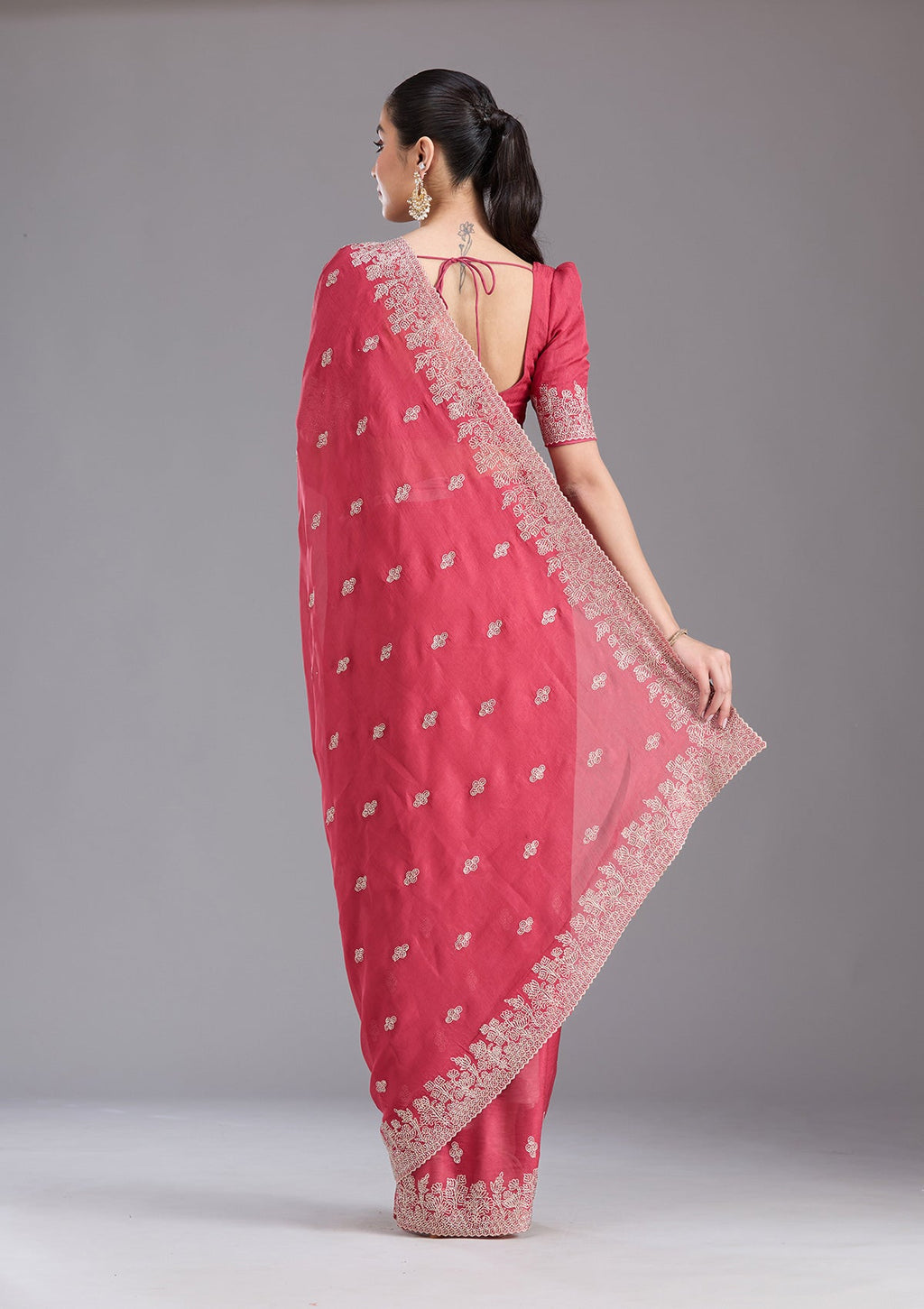 Pink Threadwork Tissue Saree