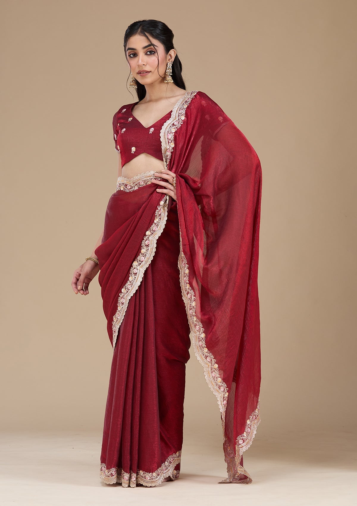 Maroon Zariwork (Gold) Tissue Saree