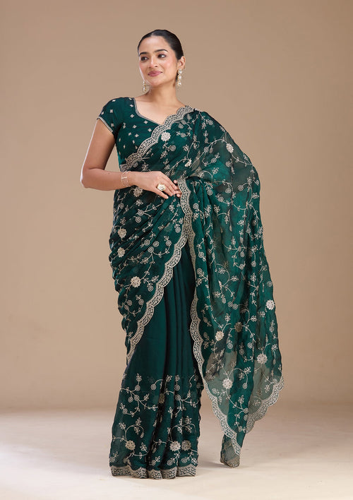 Bottle Green Zariwork (Gold) Georgette Saree