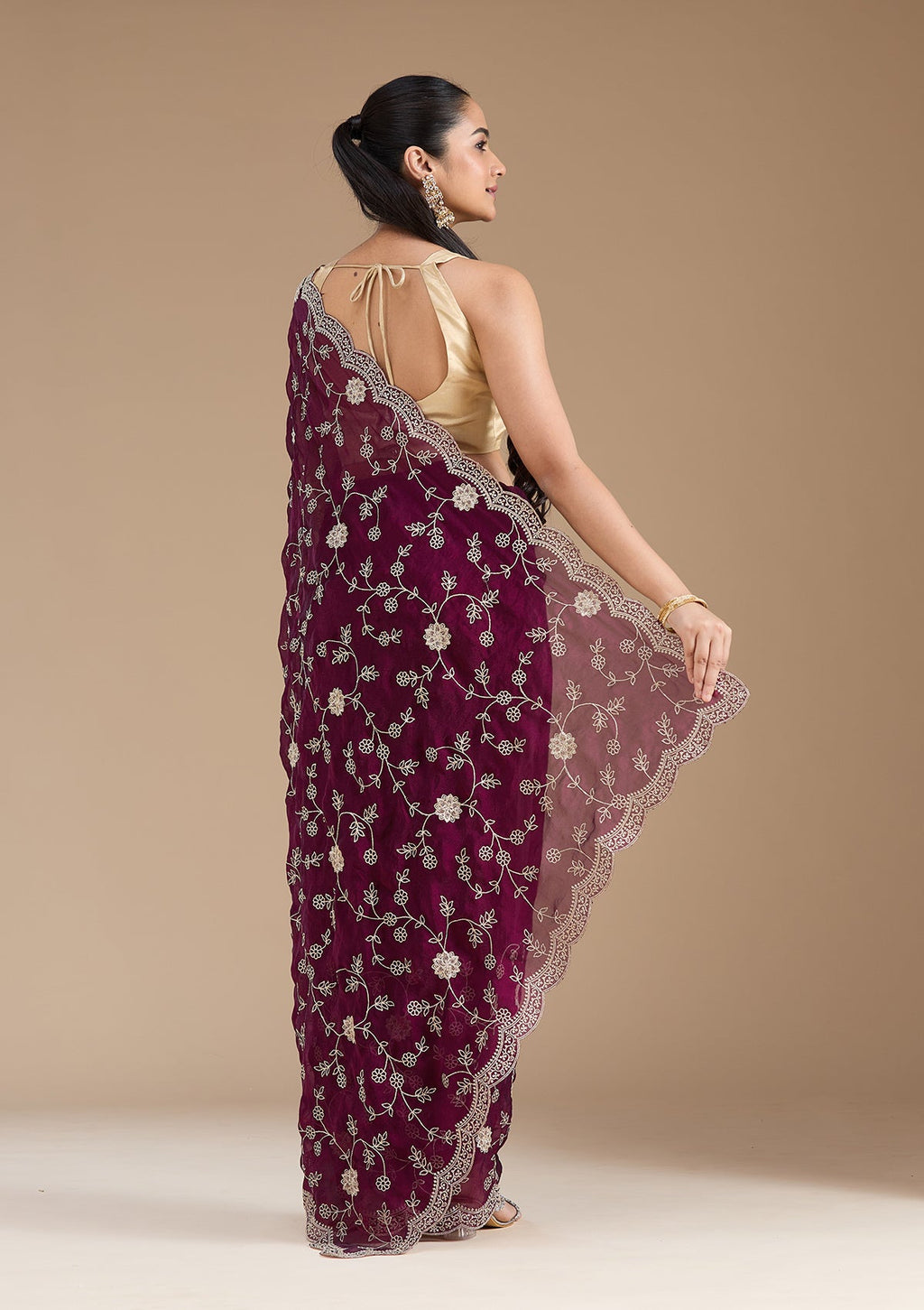 Wine Zariwork (Gold) Georgette Saree