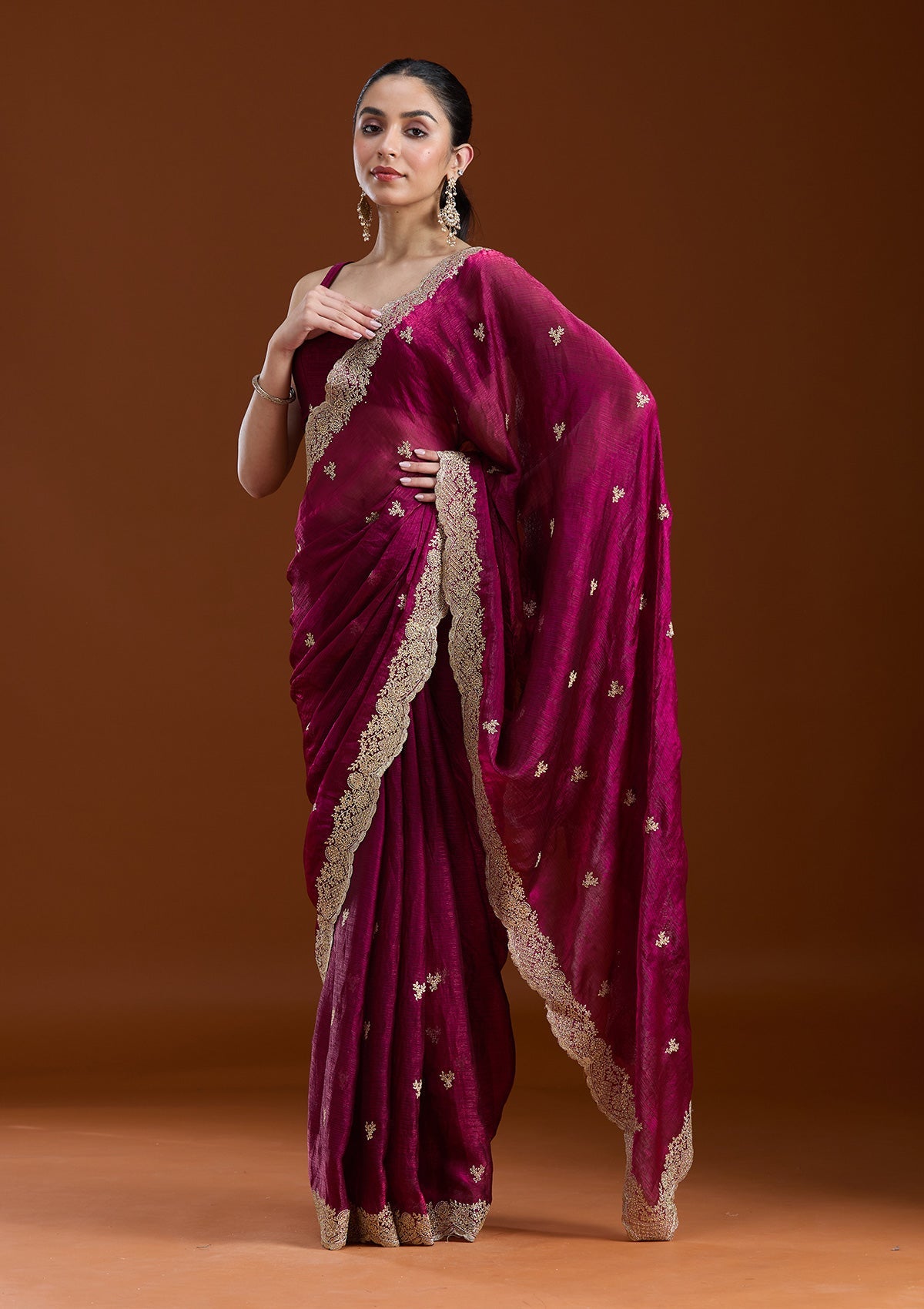 Wine Zariwork (Gold) Tissue Saree
