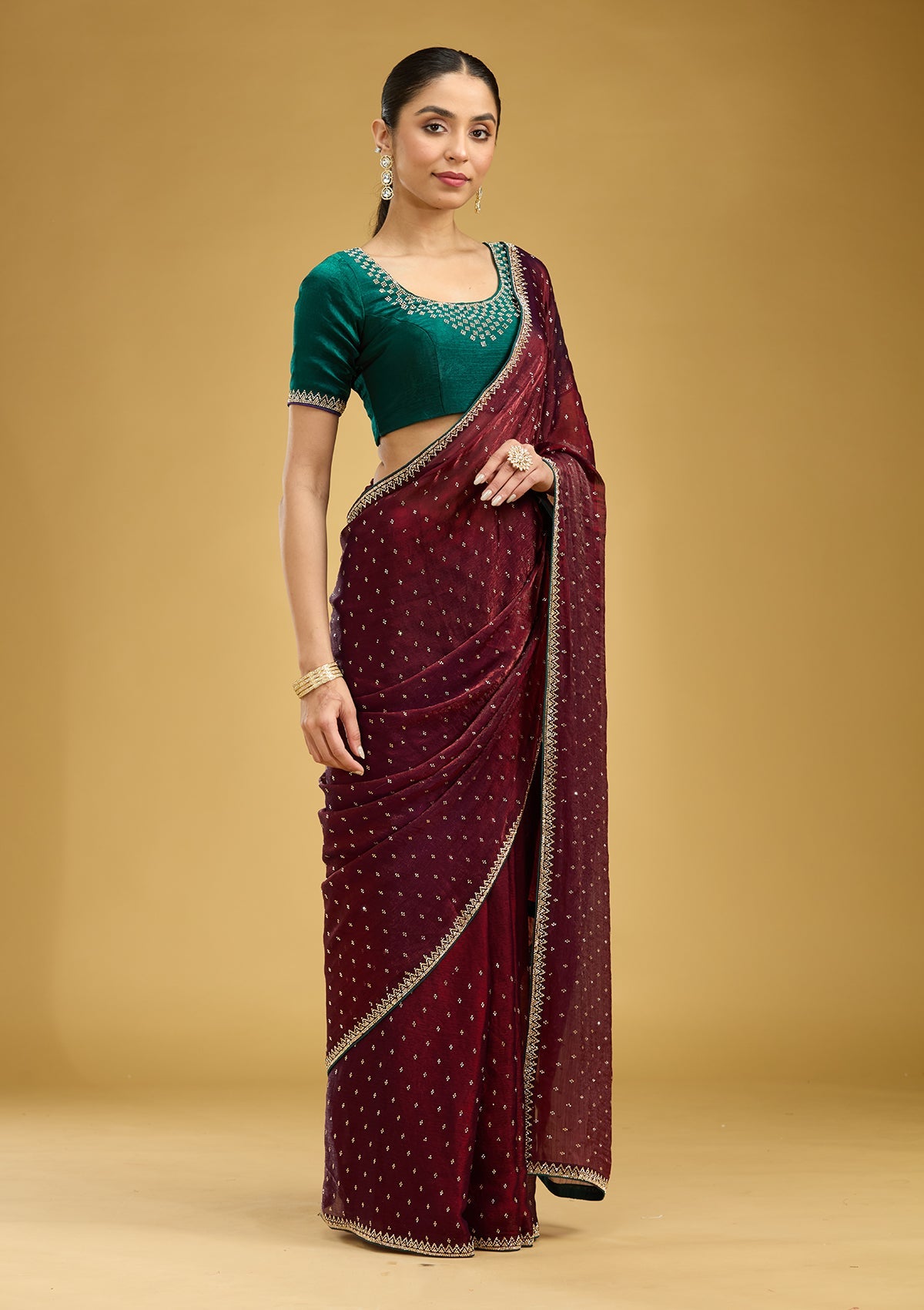 Maroon Stonework (Gold) Tissue Saree