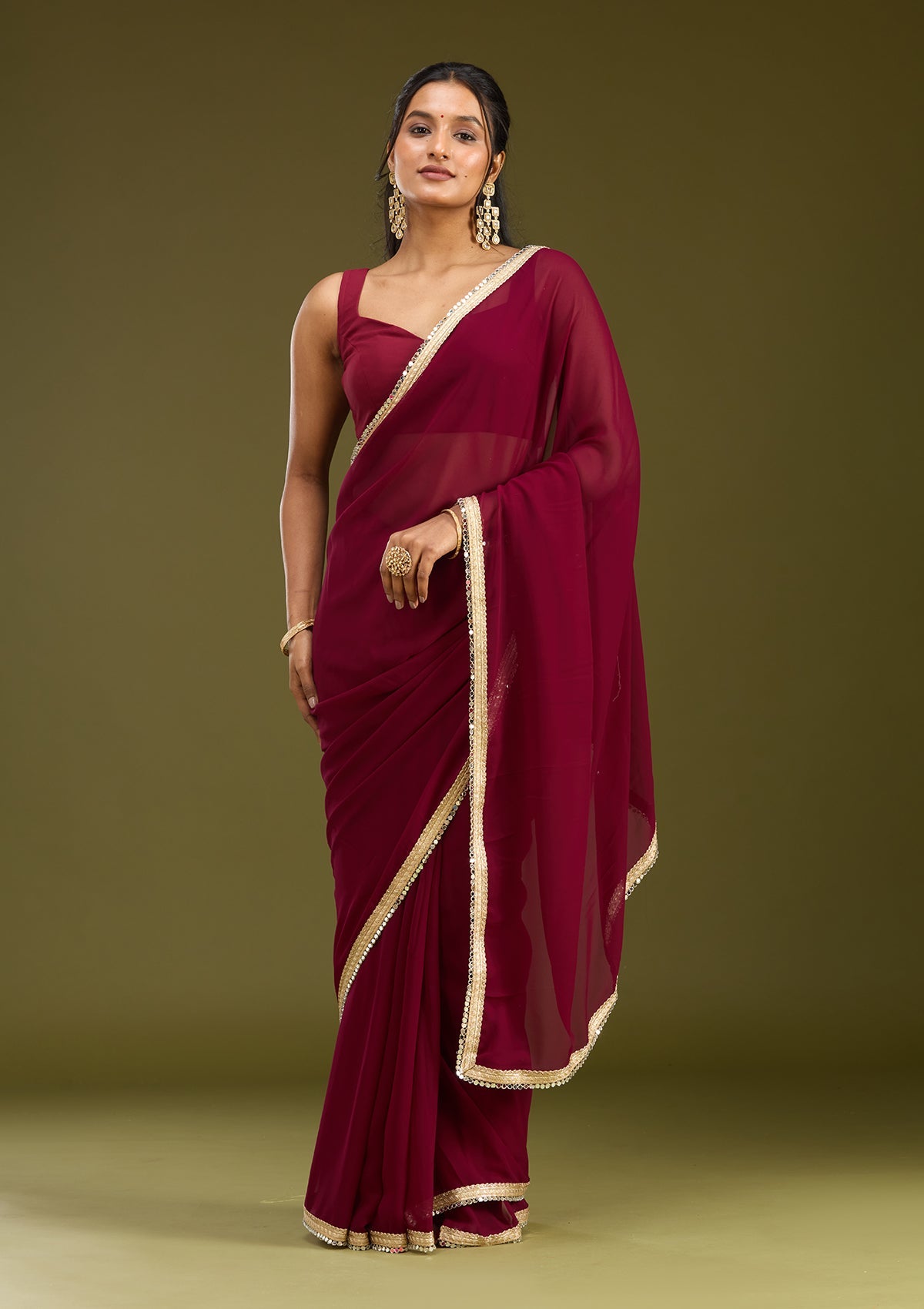 Wine Mirrorwork Georgette Saree