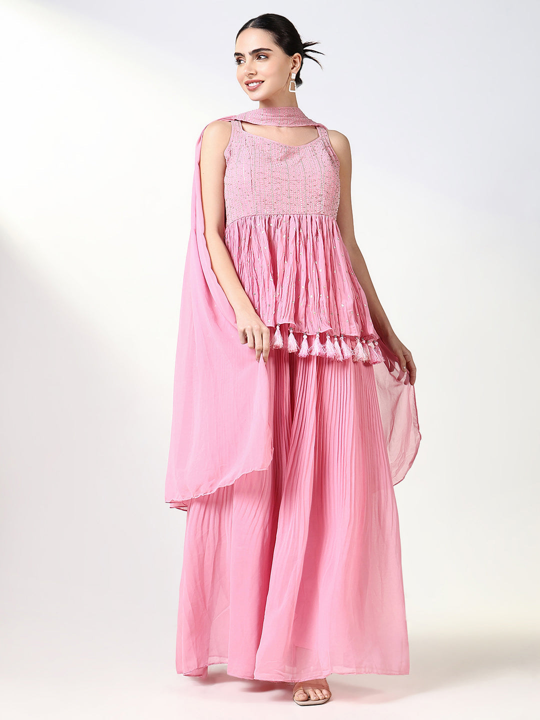 Women's Ethnic Solid Pink Anarkali Kurta Set with Dupatta