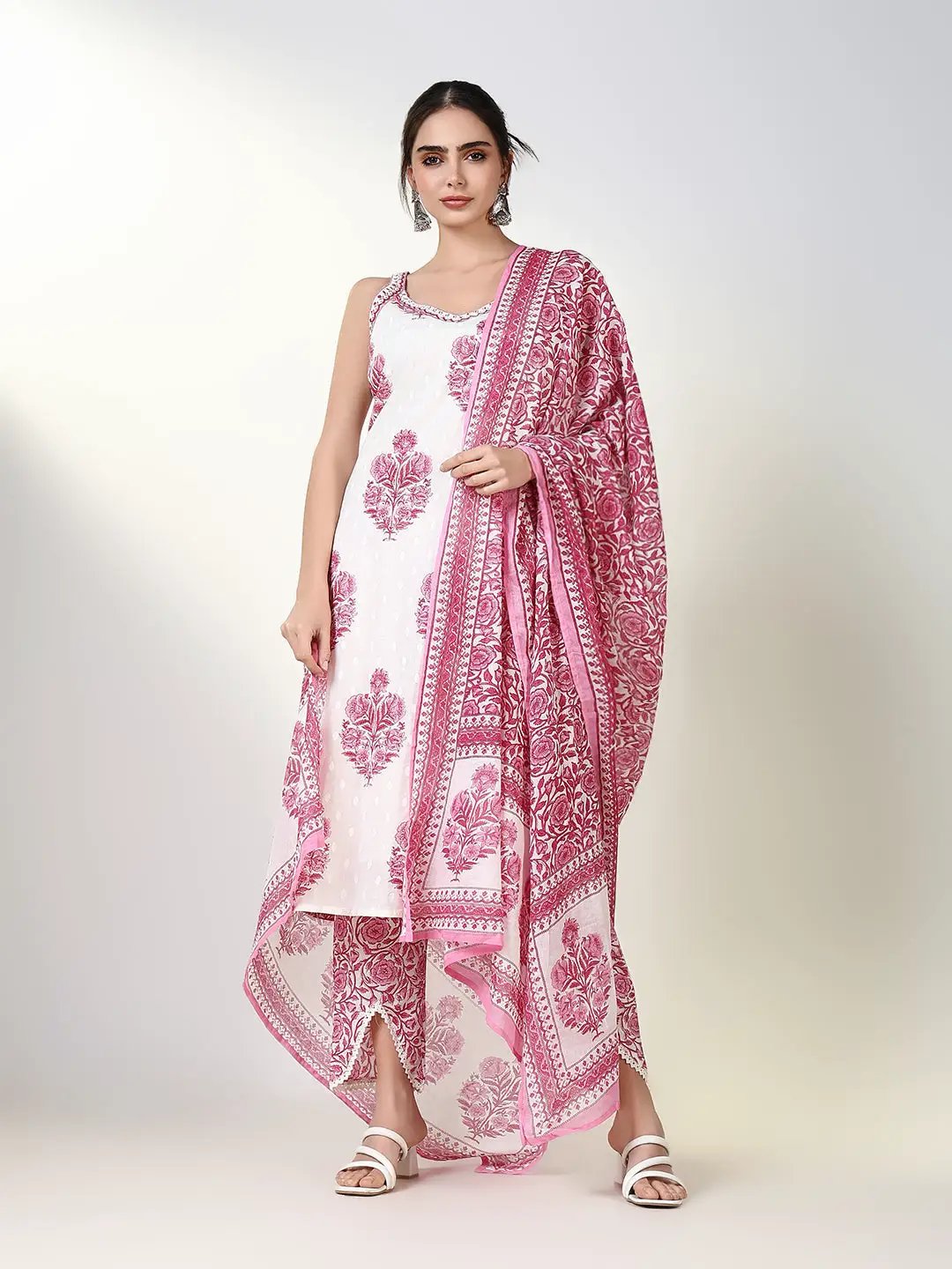 Women's Ethnic Floral Pink Straight Kurta Set with Dupatta