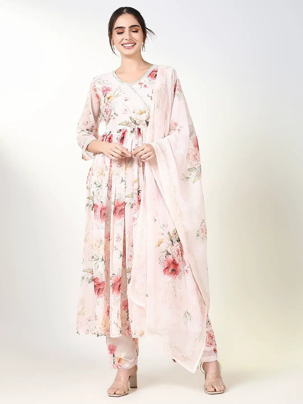 Women's Floral Peach Anarkali Kurta Set with Dupatta