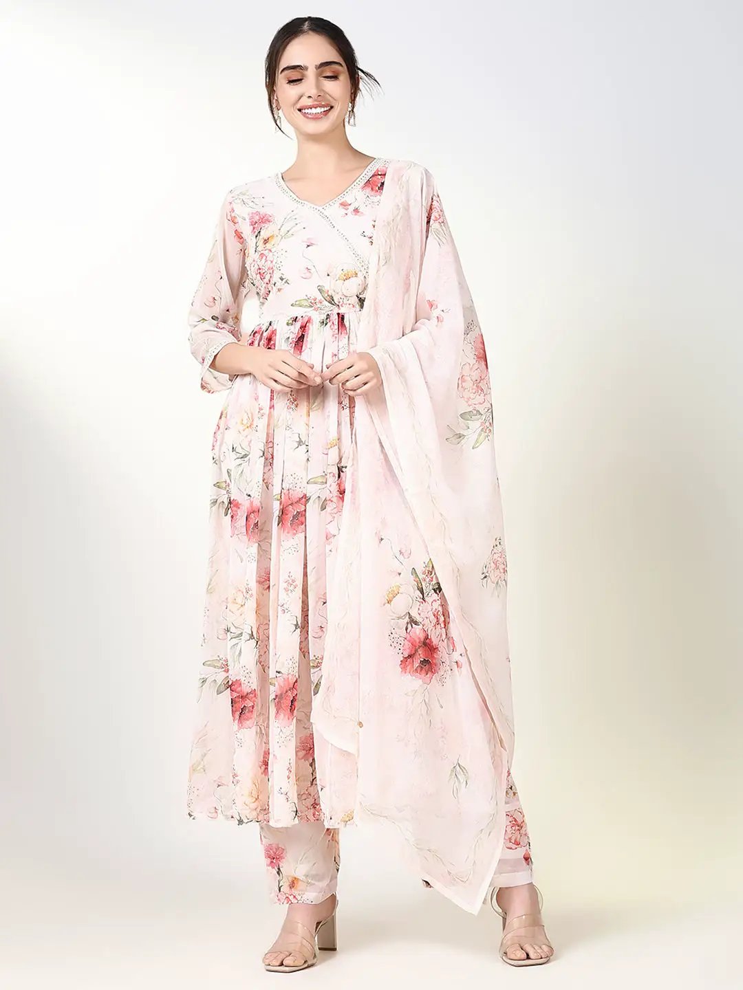 Women's Floral Peach Anarkali Kurta Set with Dupatta