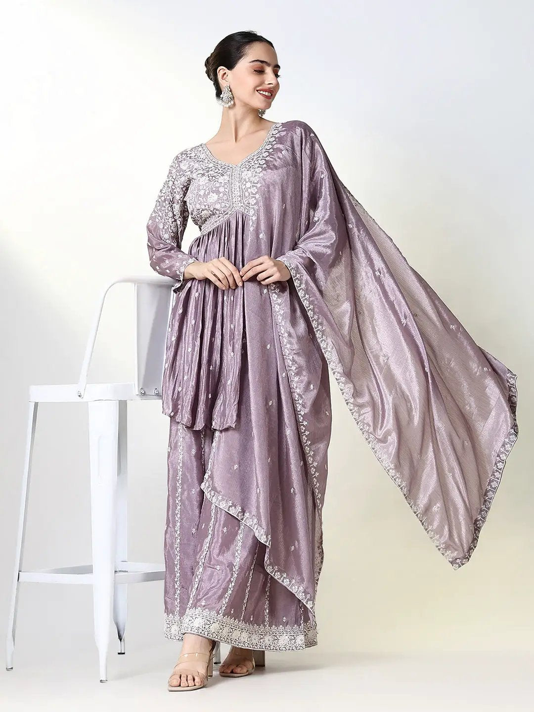 Women's Embroidered Purple Kurta Set with Dupatta